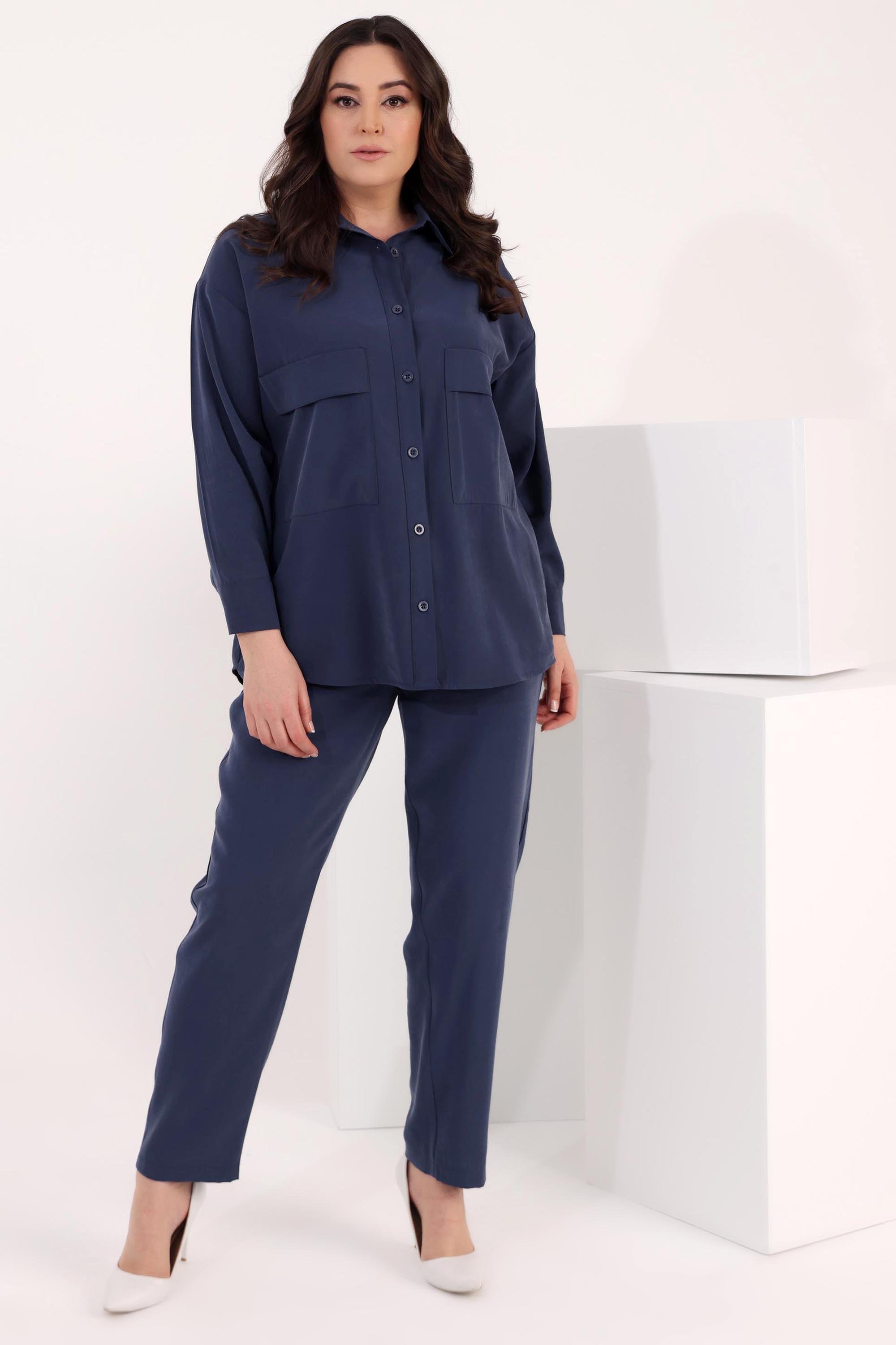 Trend42plus Büyük Beden Oversize Süs Cep Detaylı İndigo Gömlek Pantolon Takım