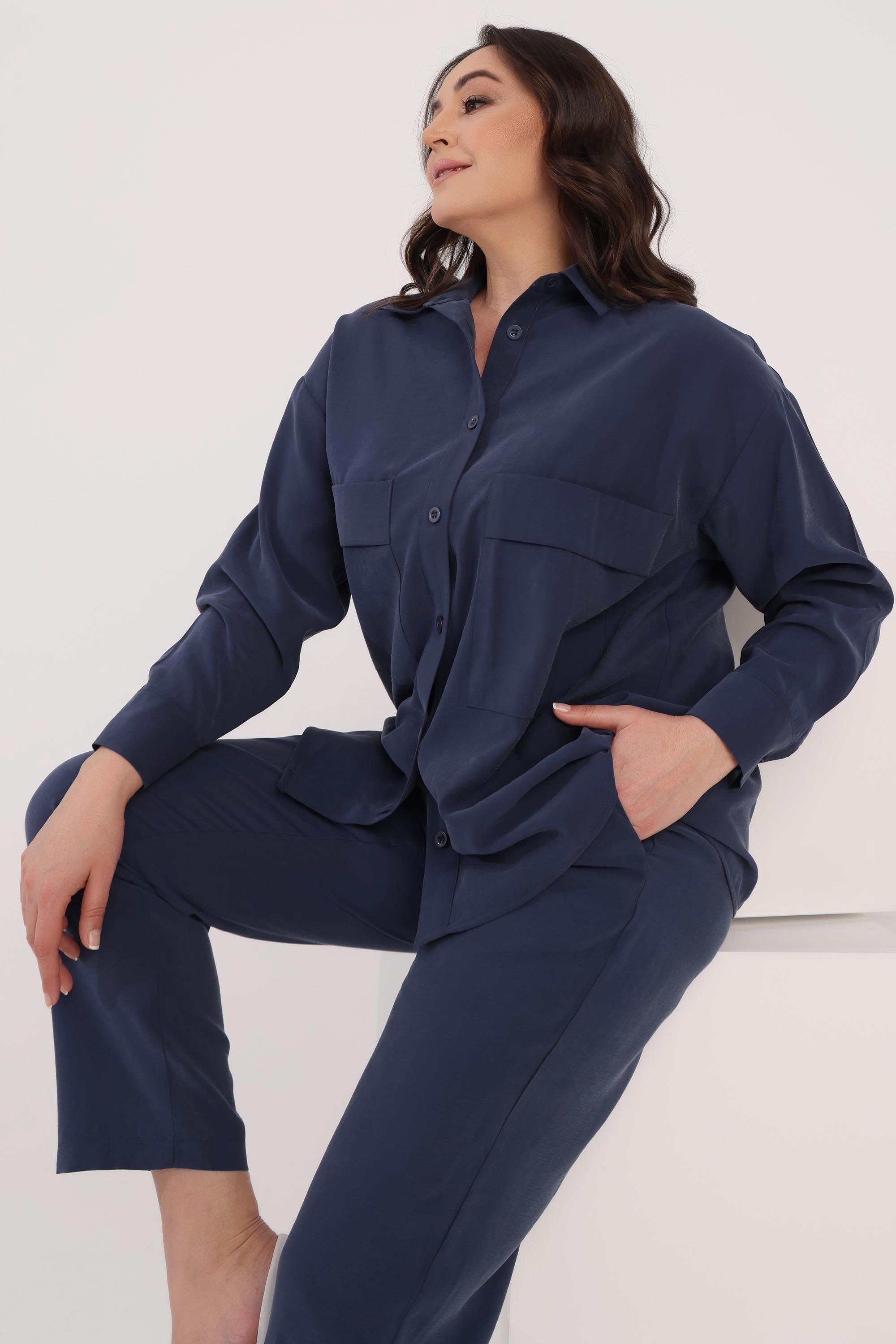 Trend42plus Büyük Beden Oversize Süs Cep Detaylı İndigo Gömlek Pantolon Takım