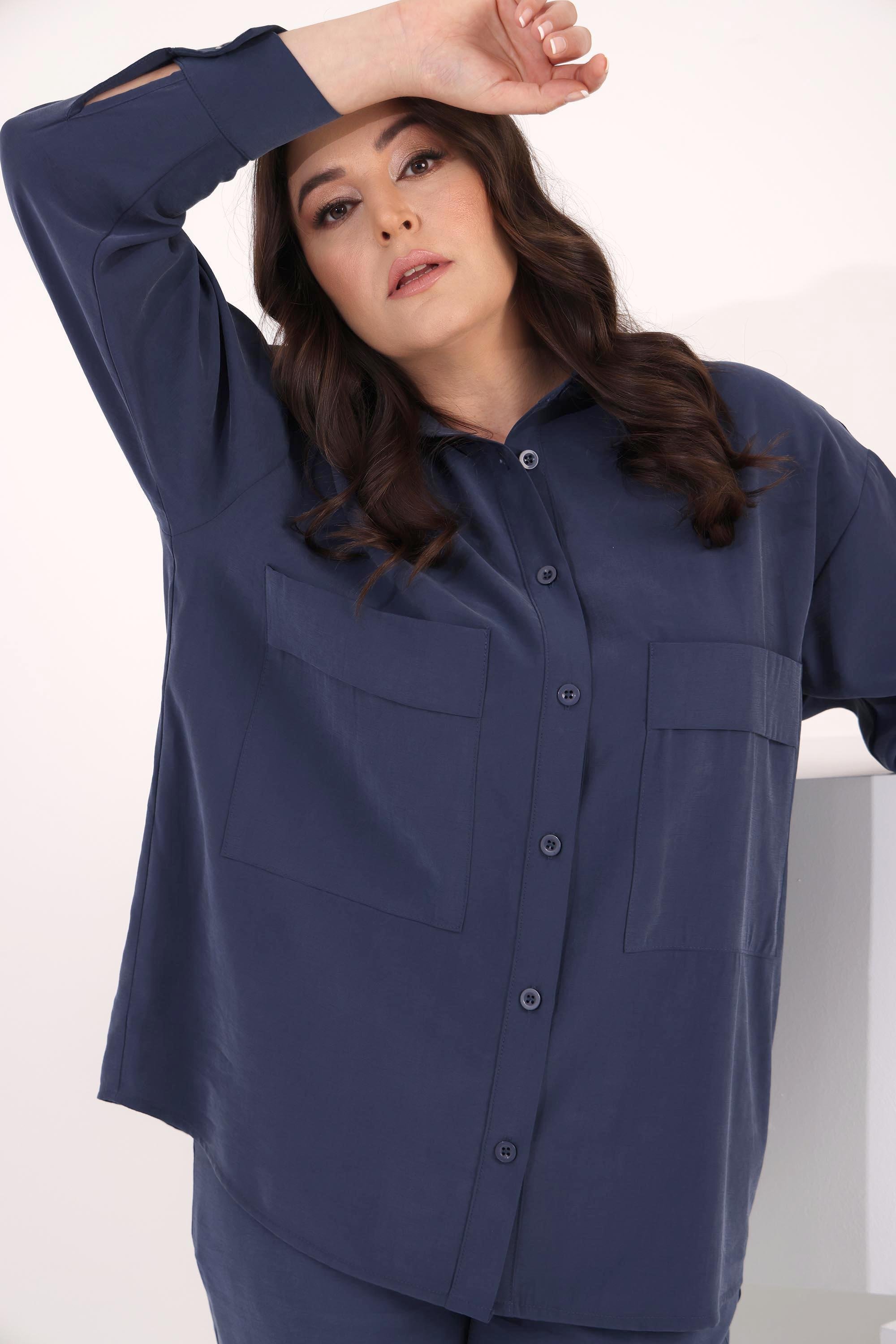 Trend42plus Büyük Beden Oversize Süs Cep Detaylı İndigo Gömlek Pantolon Takım