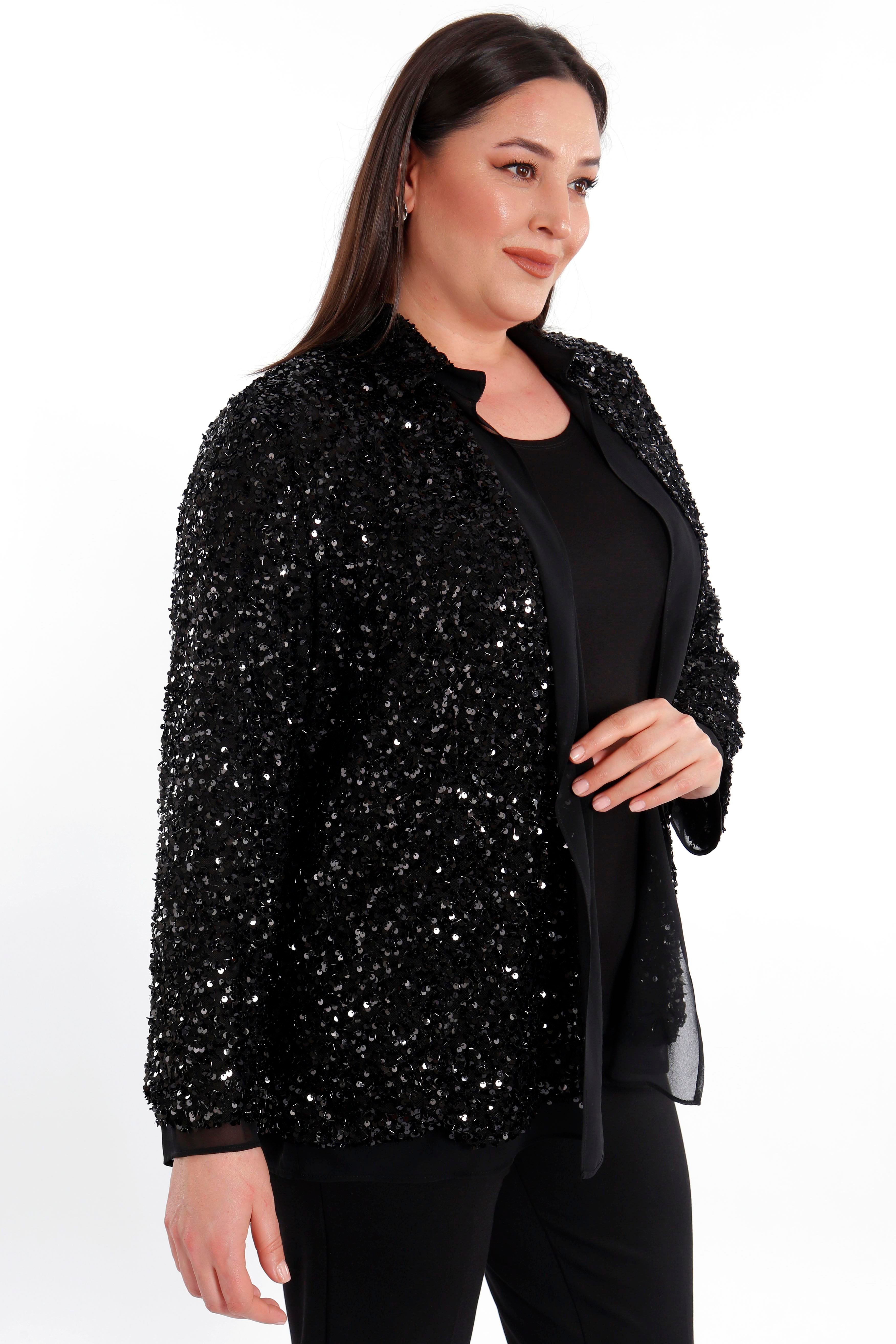 Trend42plus Büyük Beden Payetli Şifon Garnili Abiye Siyah Ceket