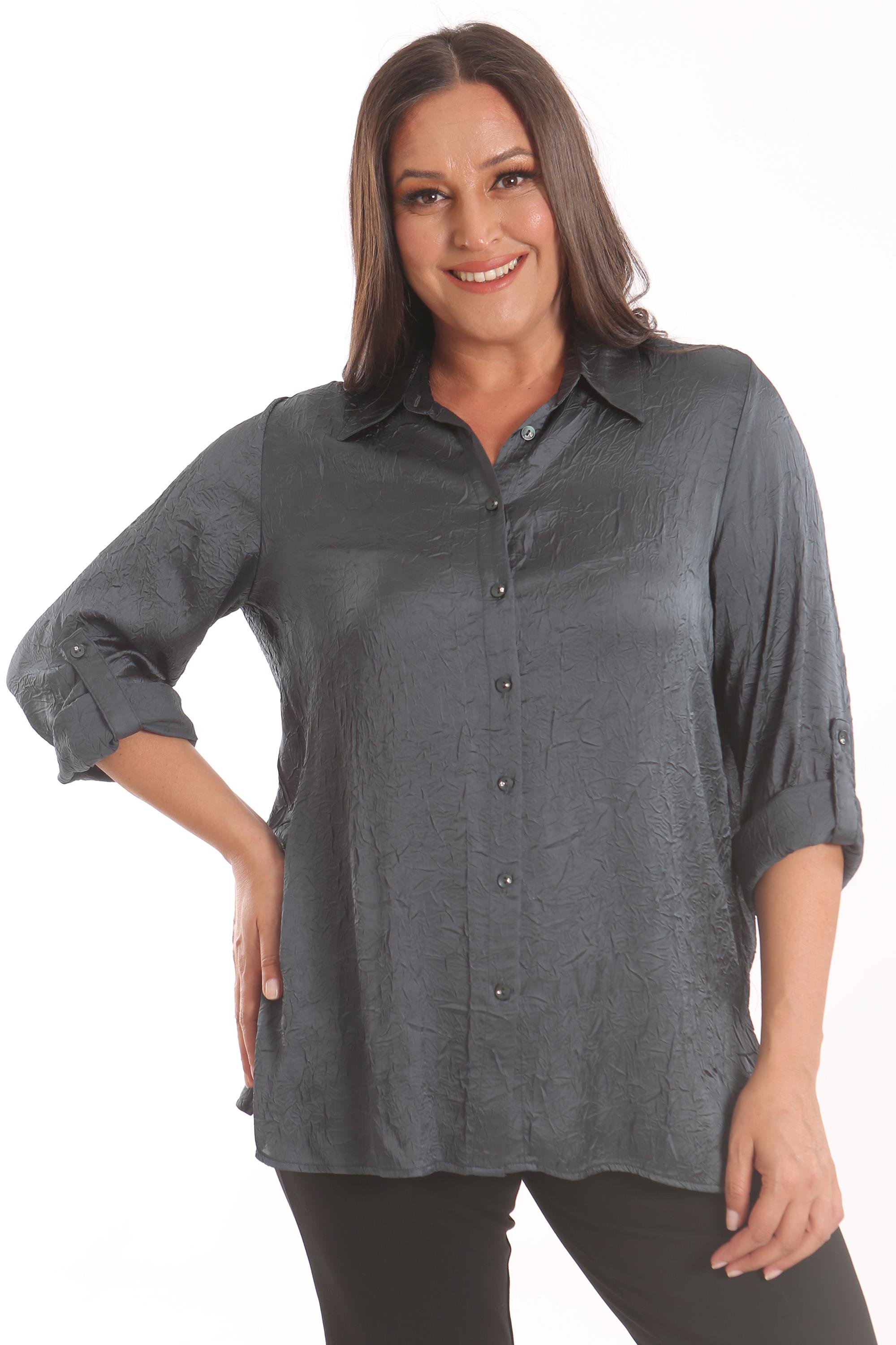 Trend42plus Büyük Beden Petrol Yeşili Kraşlı Saten Gömlek 