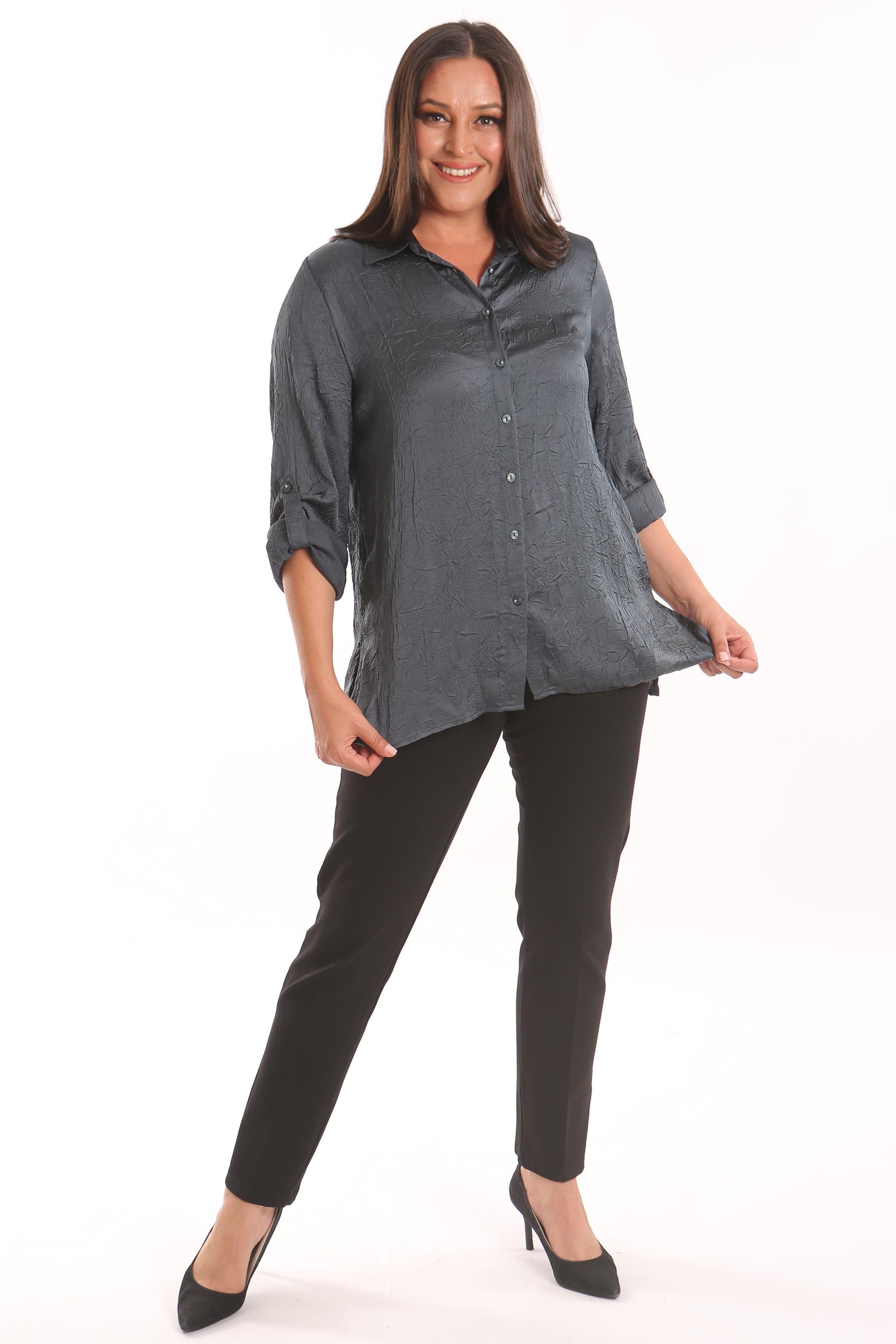 Trend42plus Büyük Beden Petrol Yeşili Kraşlı Saten Gömlek 