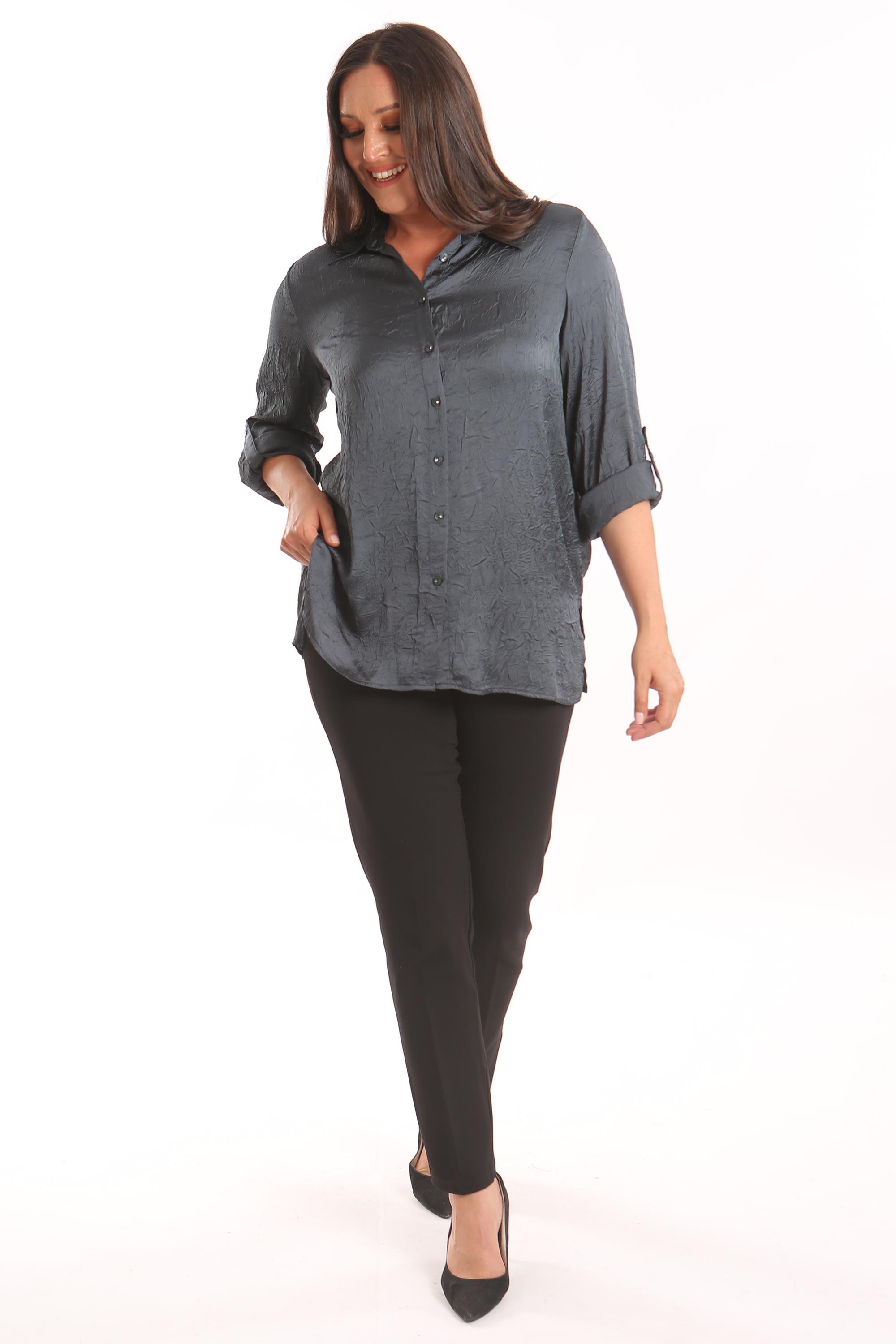 Trend42plus Büyük Beden Petrol Yeşili Kraşlı Saten Gömlek 