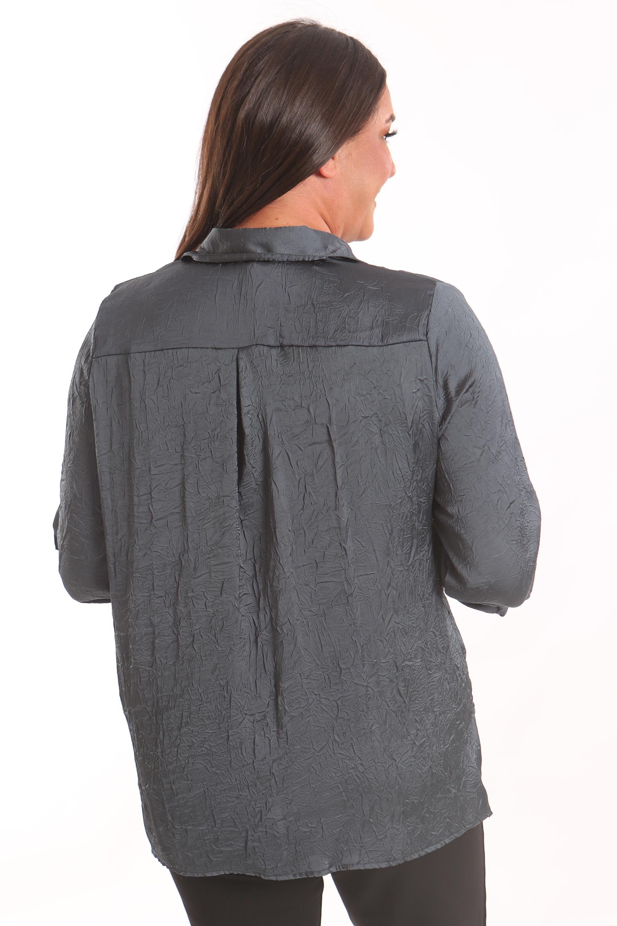 Trend42plus Büyük Beden Petrol Yeşili Kraşlı Saten Gömlek 