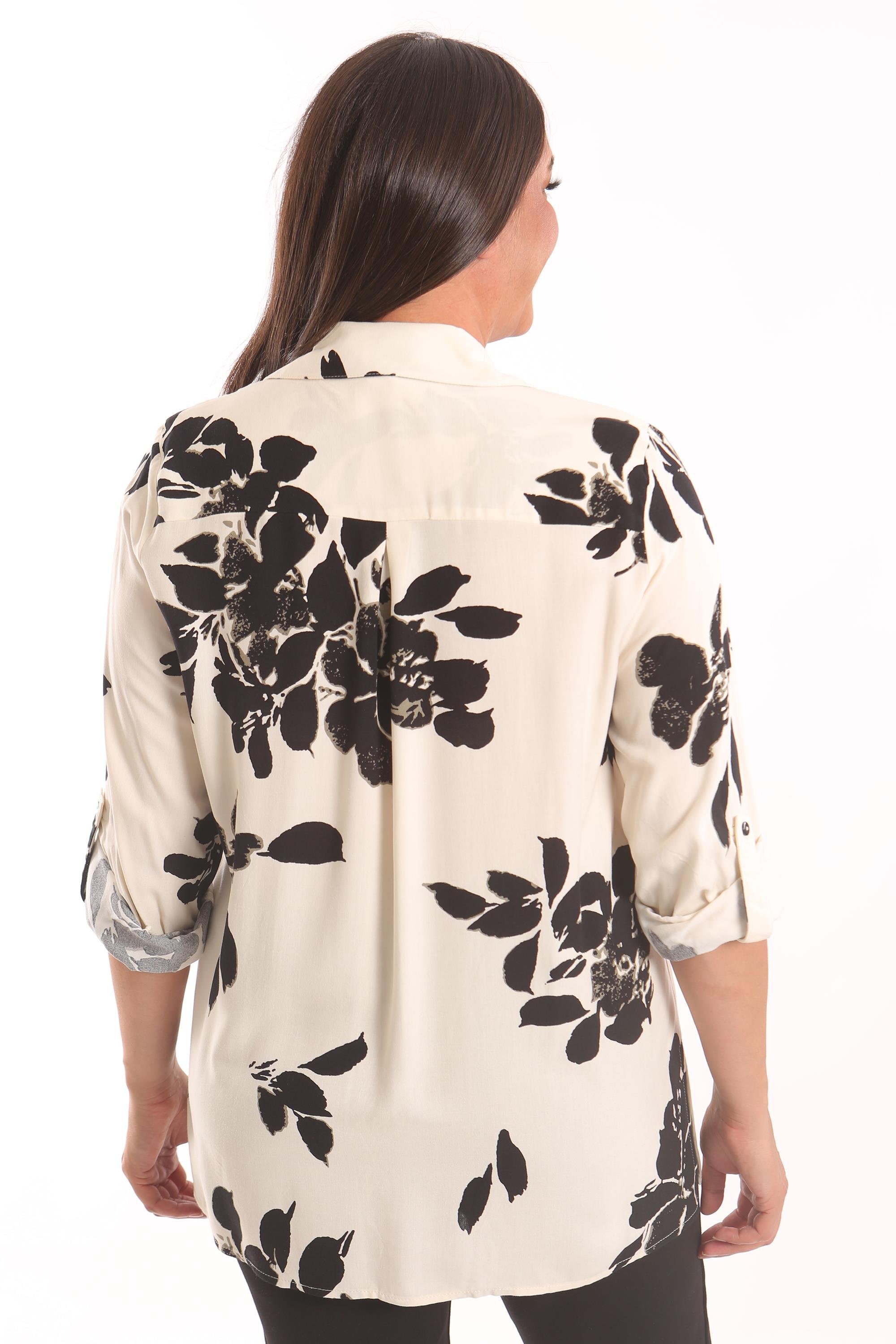 Trend42plus Büyük Beden Pili kaşeli Çiçek Desenli Ekru Gömlek