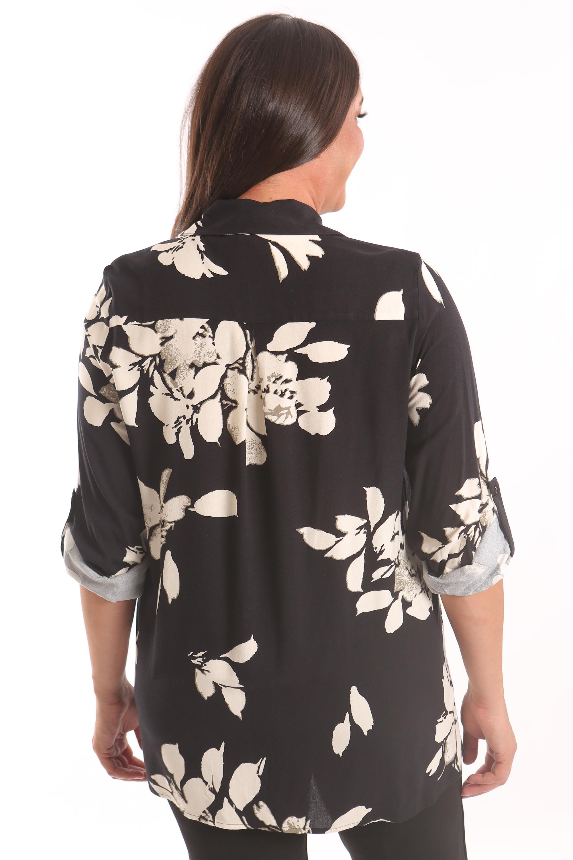 Trend42plus Büyük Beden Pili kaşeli Çiçek Desenli Siyah Gömlek