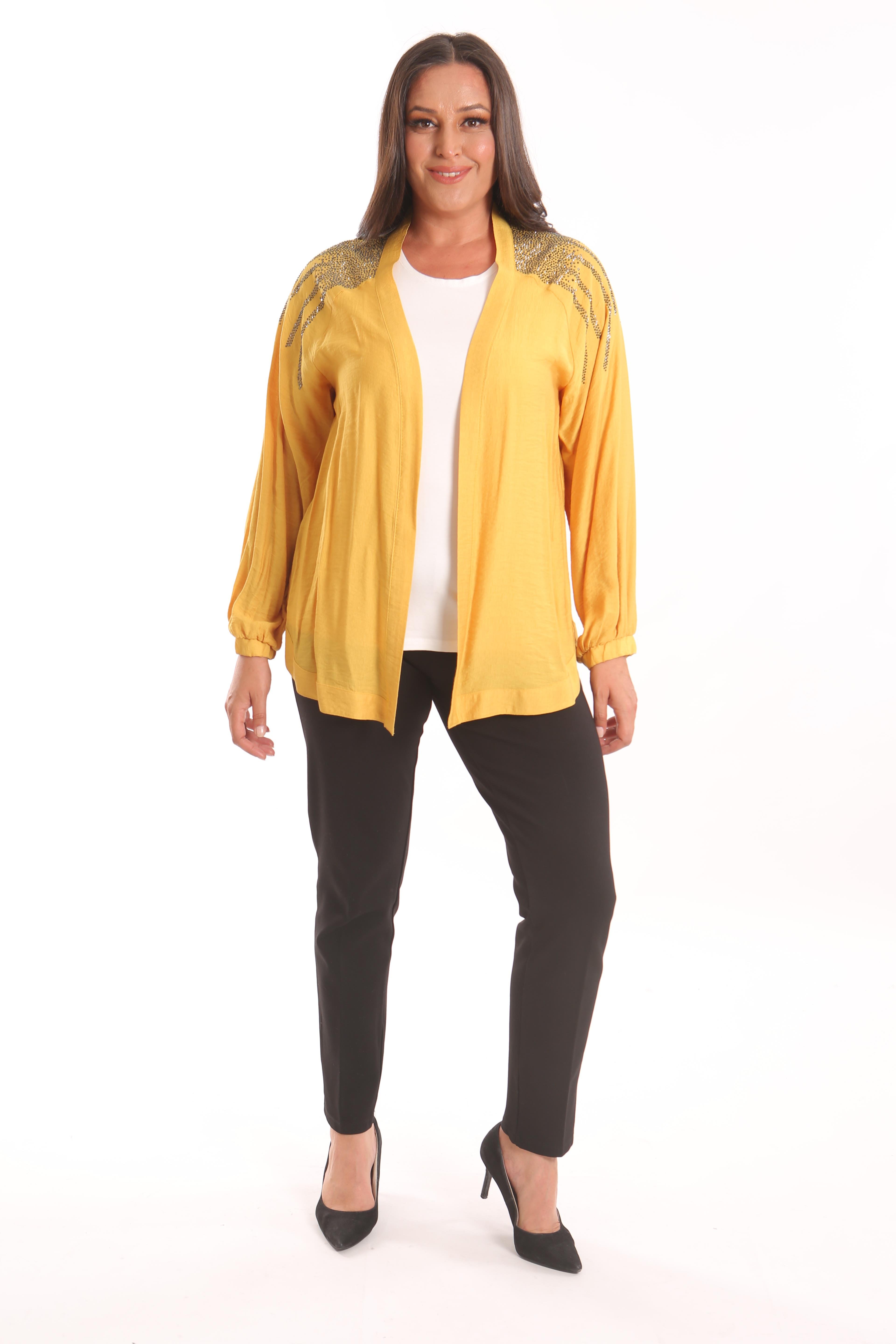 Trend42plus Büyük Beden Robası Taş Baskılı Oversize Sarı Ceket