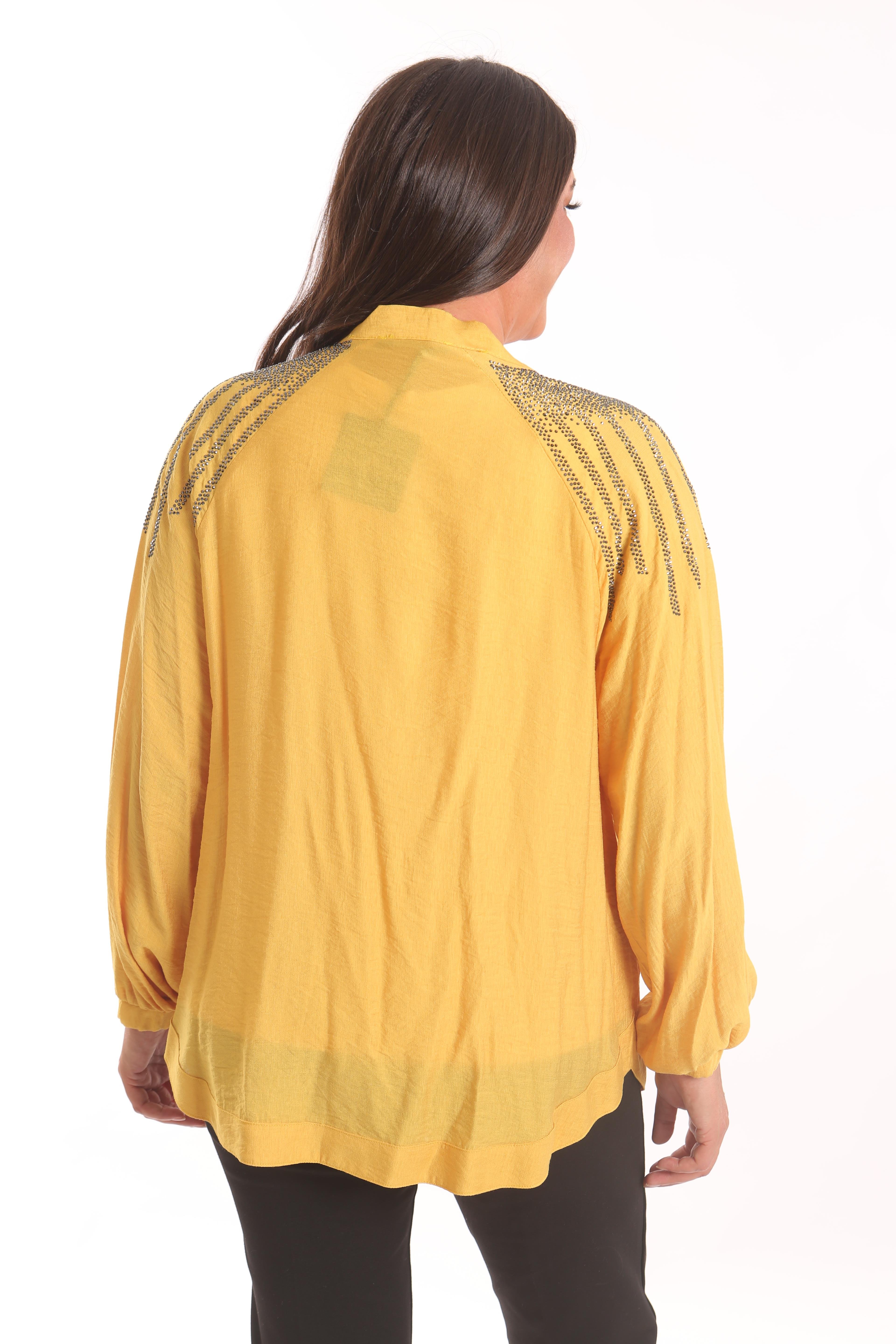 Trend42plus Büyük Beden Robası Taş Baskılı Oversize Sarı Ceket