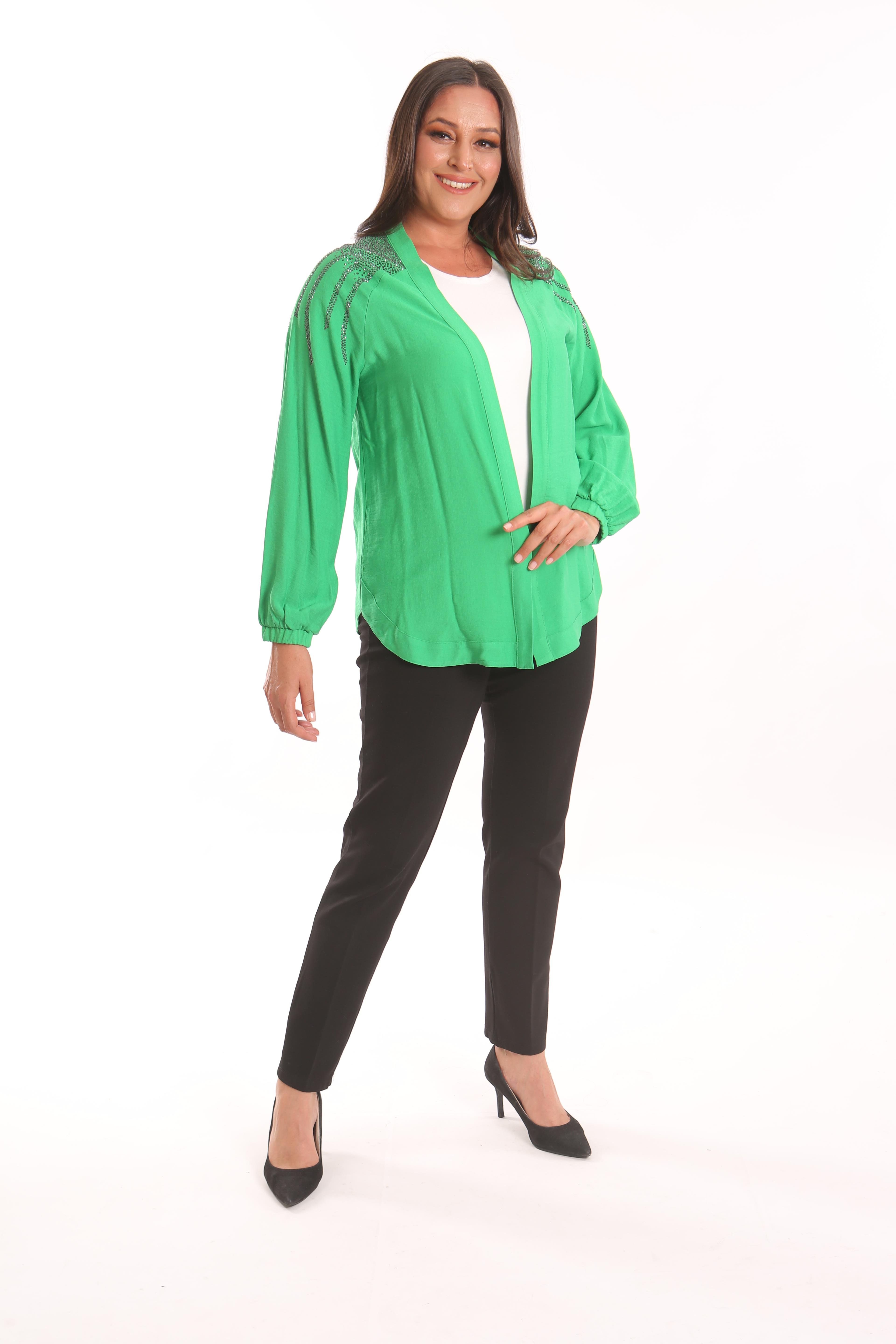 Trend42plus Büyük Beden Robası Taş Baskılı Oversize Yeşil Ceket