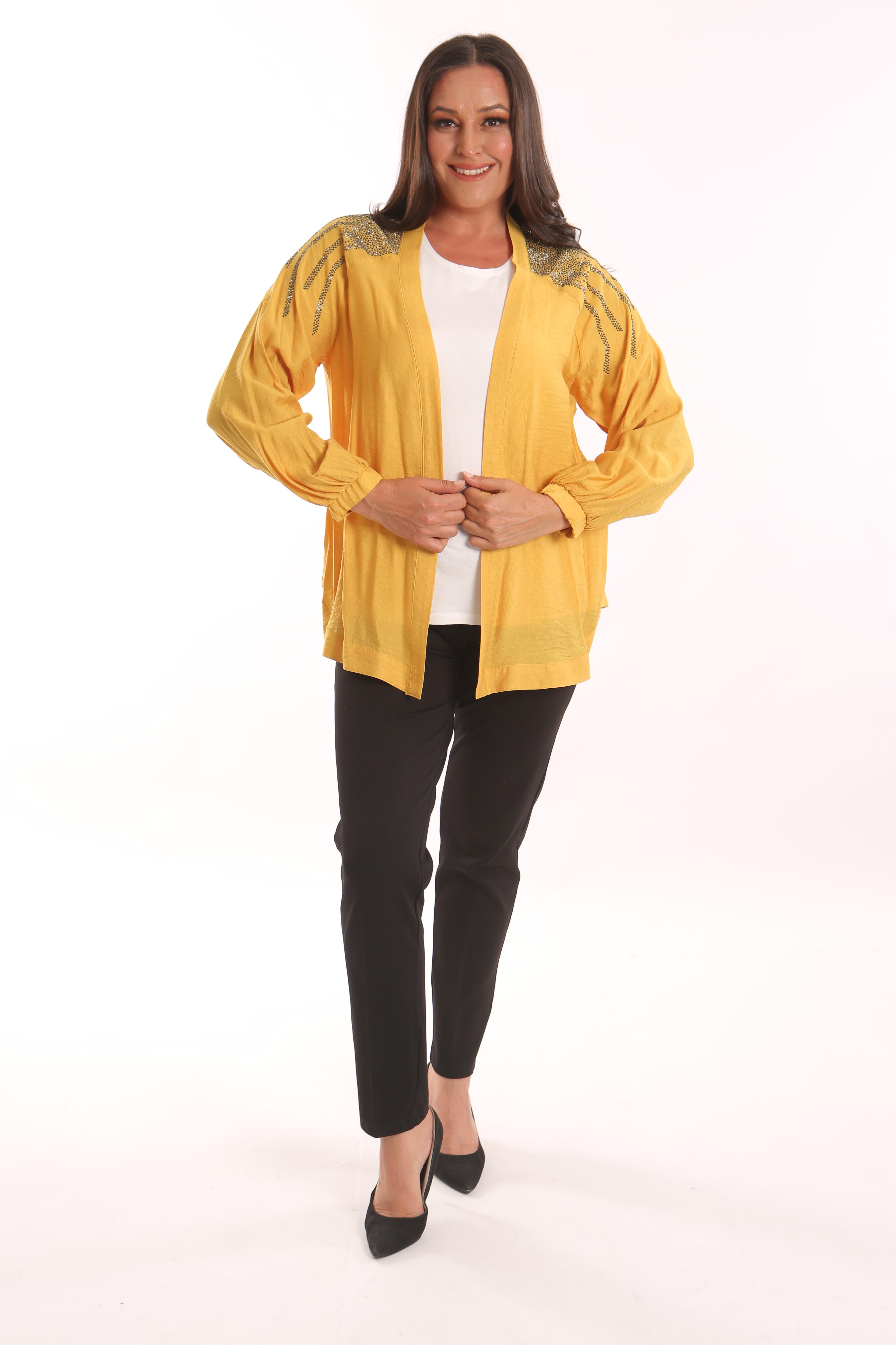Trend42plus Büyük Beden Robası Taş Baskılı Oversize Sarı Ceket