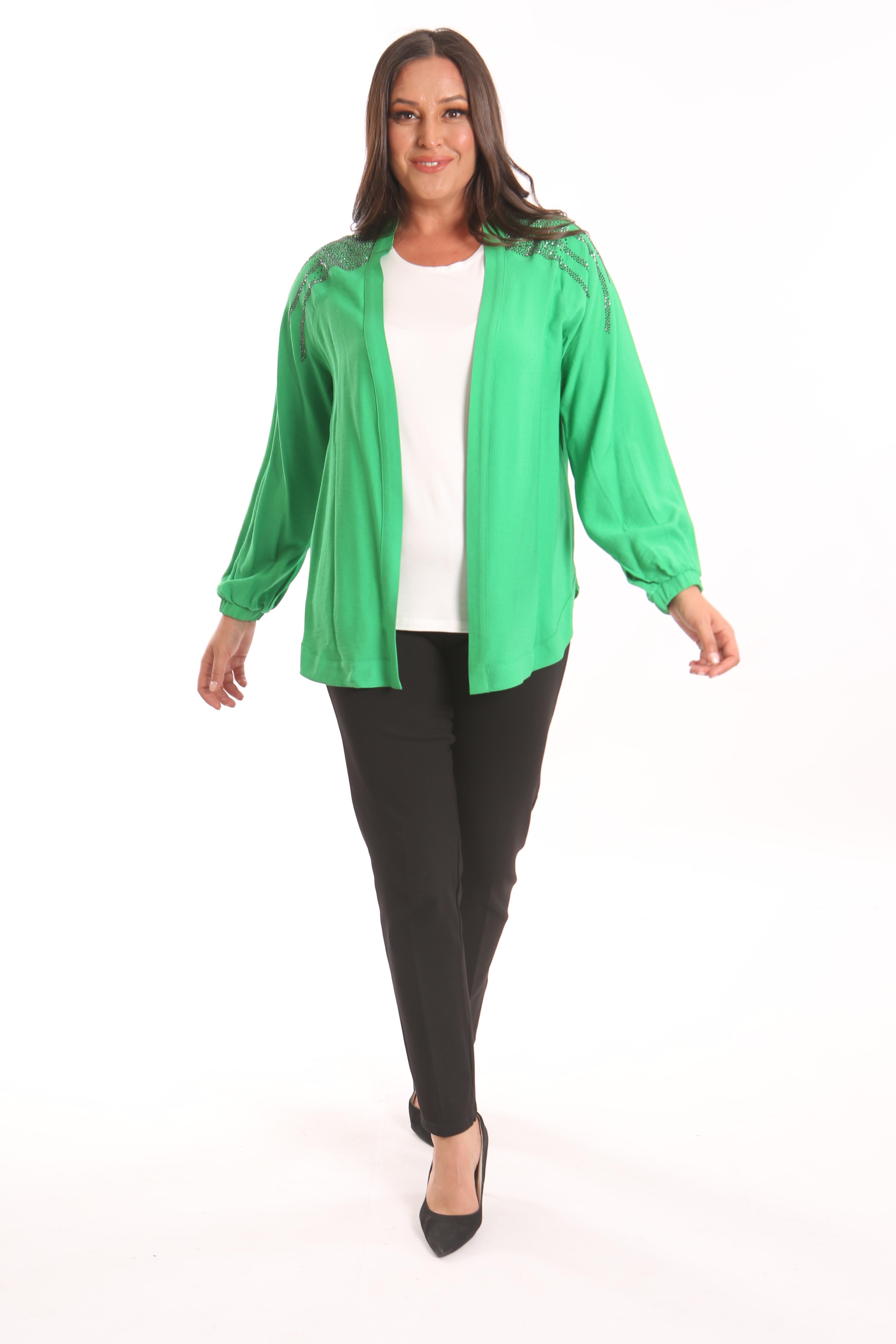 Trend42plus Büyük Beden Robası Taş Baskılı Oversize Yeşil Ceket