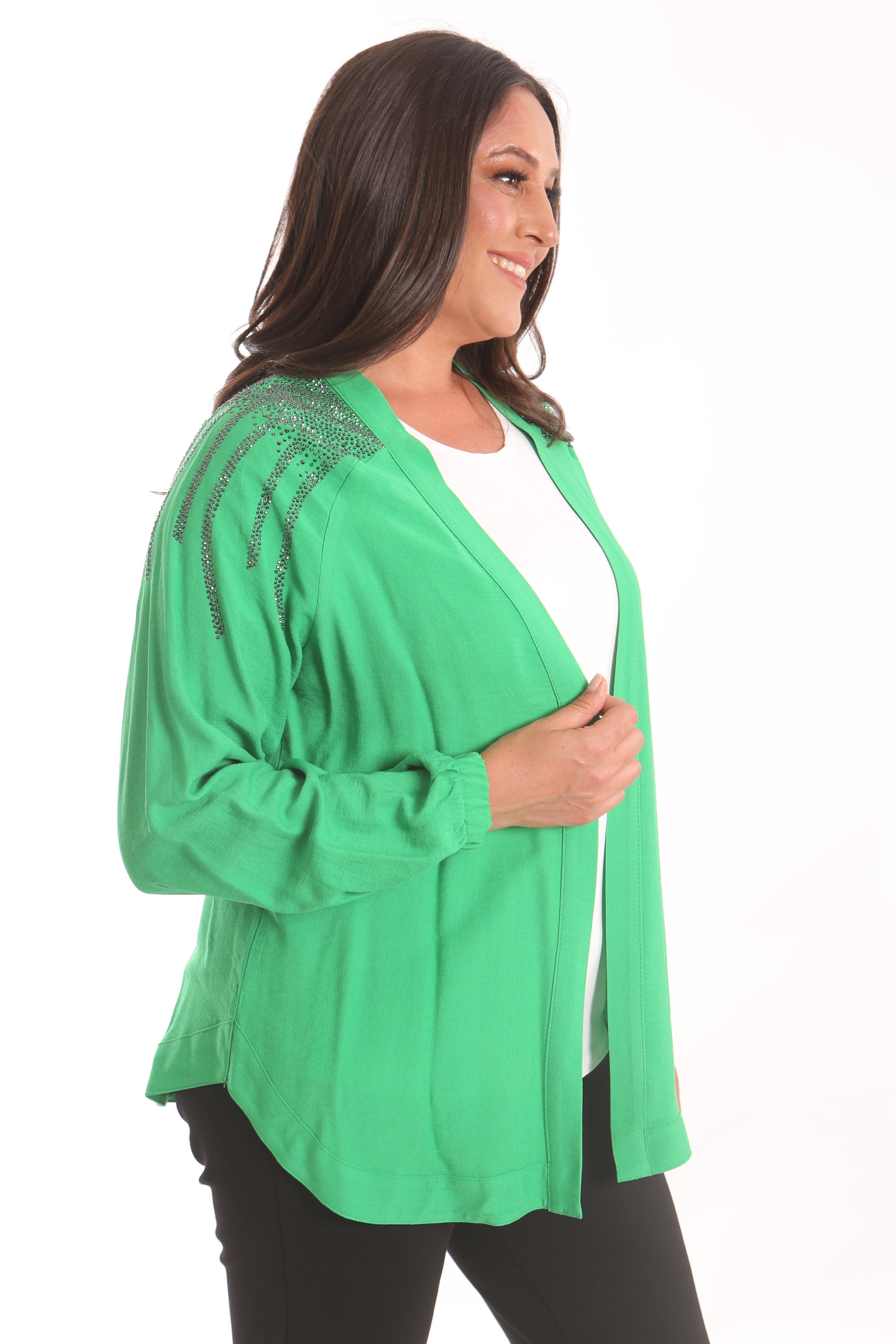 Trend42plus Büyük Beden Robası Taş Baskılı Oversize Yeşil Ceket