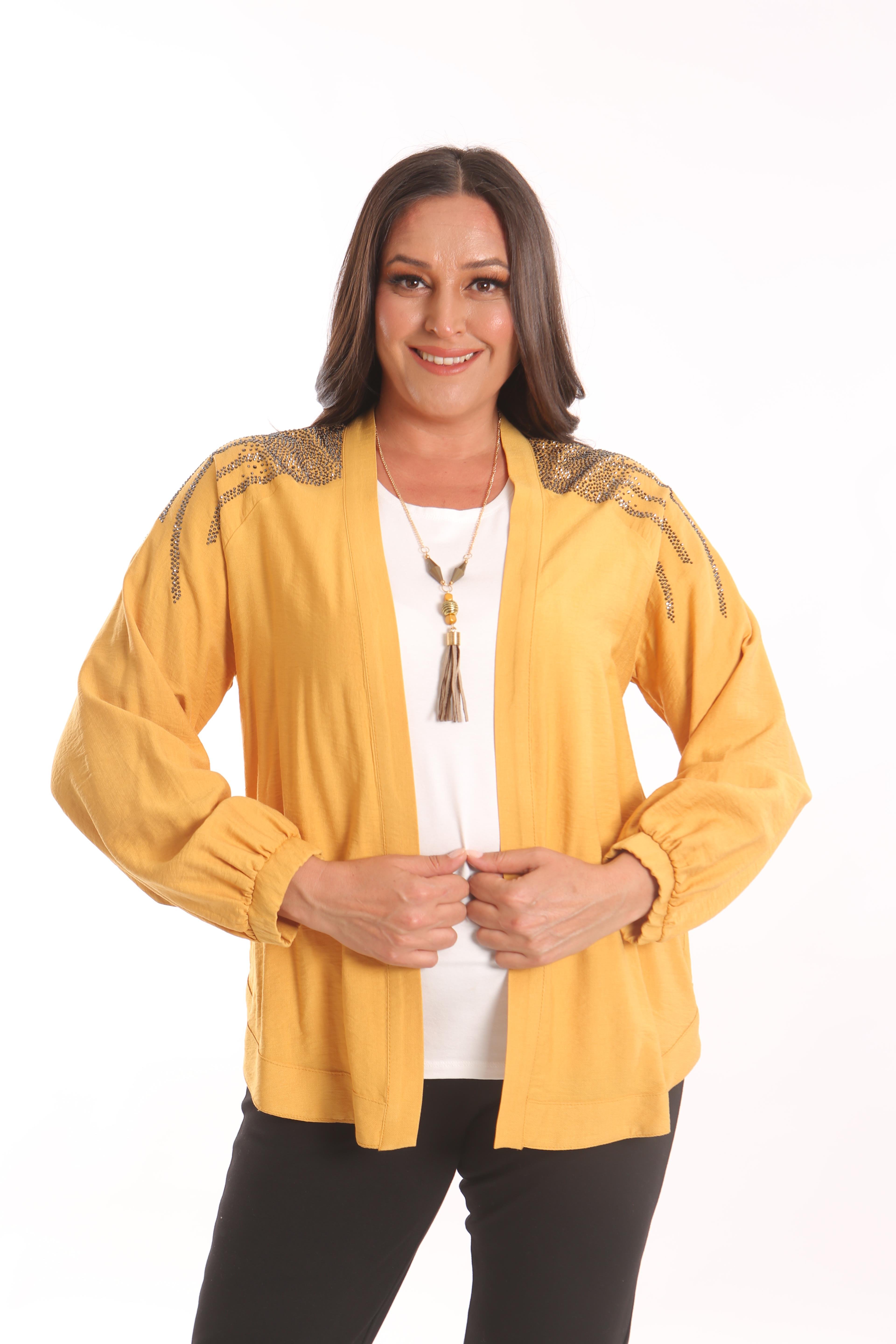 Trend42plus Büyük Beden Robası Taş Baskılı Oversize Hardal Ceket