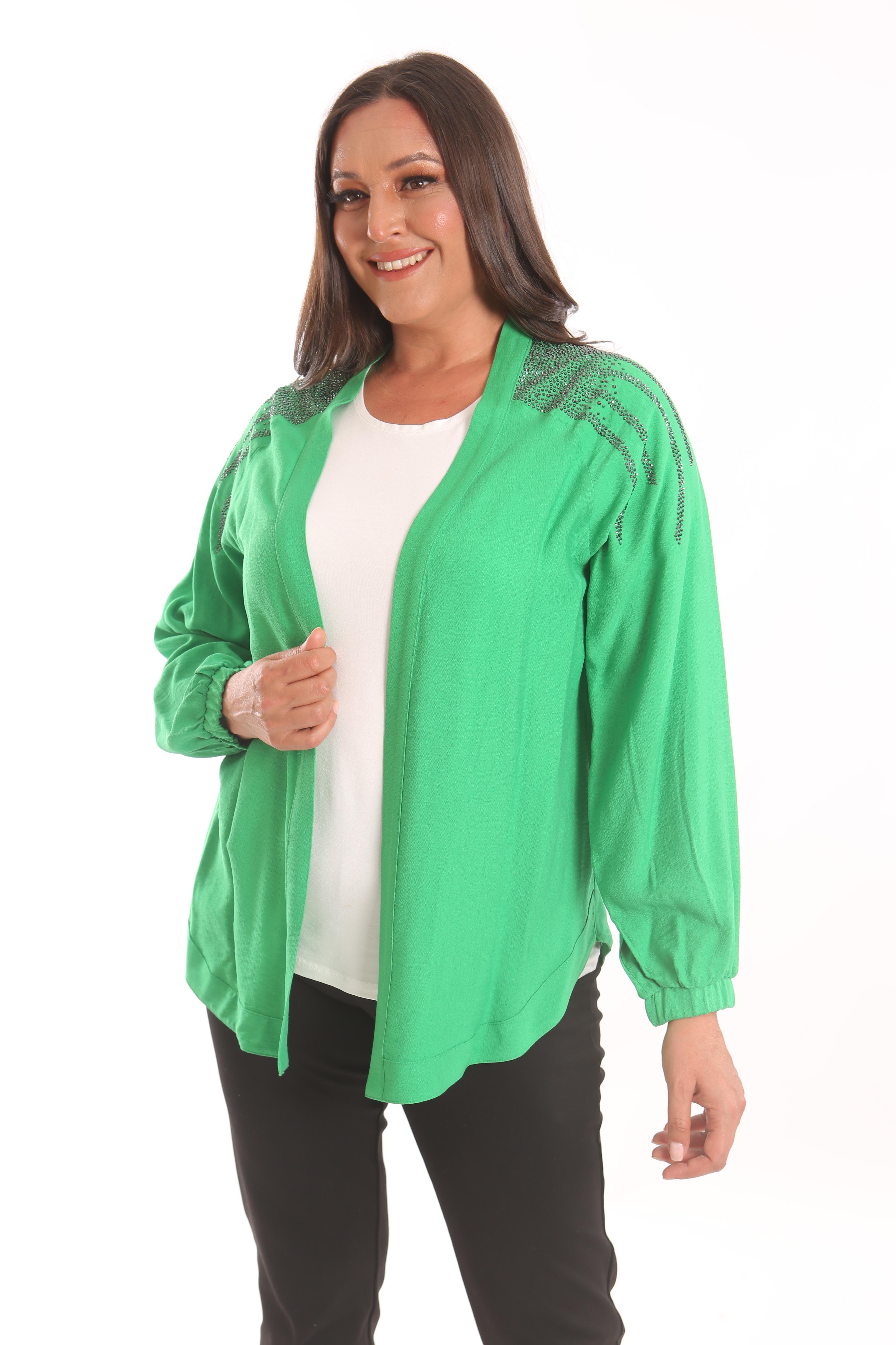 Trend42plus Büyük Beden Robası Taş Baskılı Oversize Yeşil Ceket