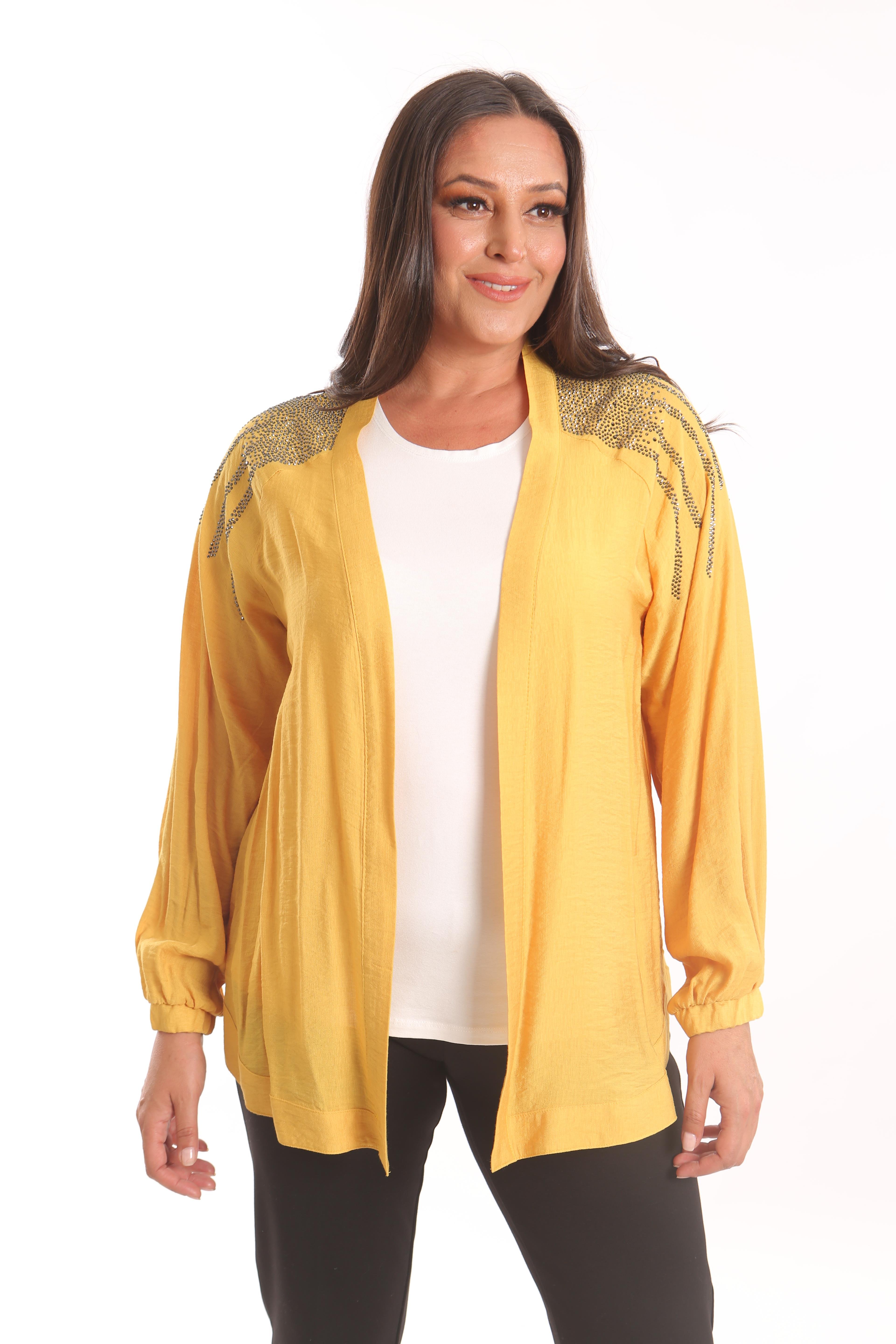 Trend42plus Büyük Beden Robası Taş Baskılı Oversize Sarı Ceket