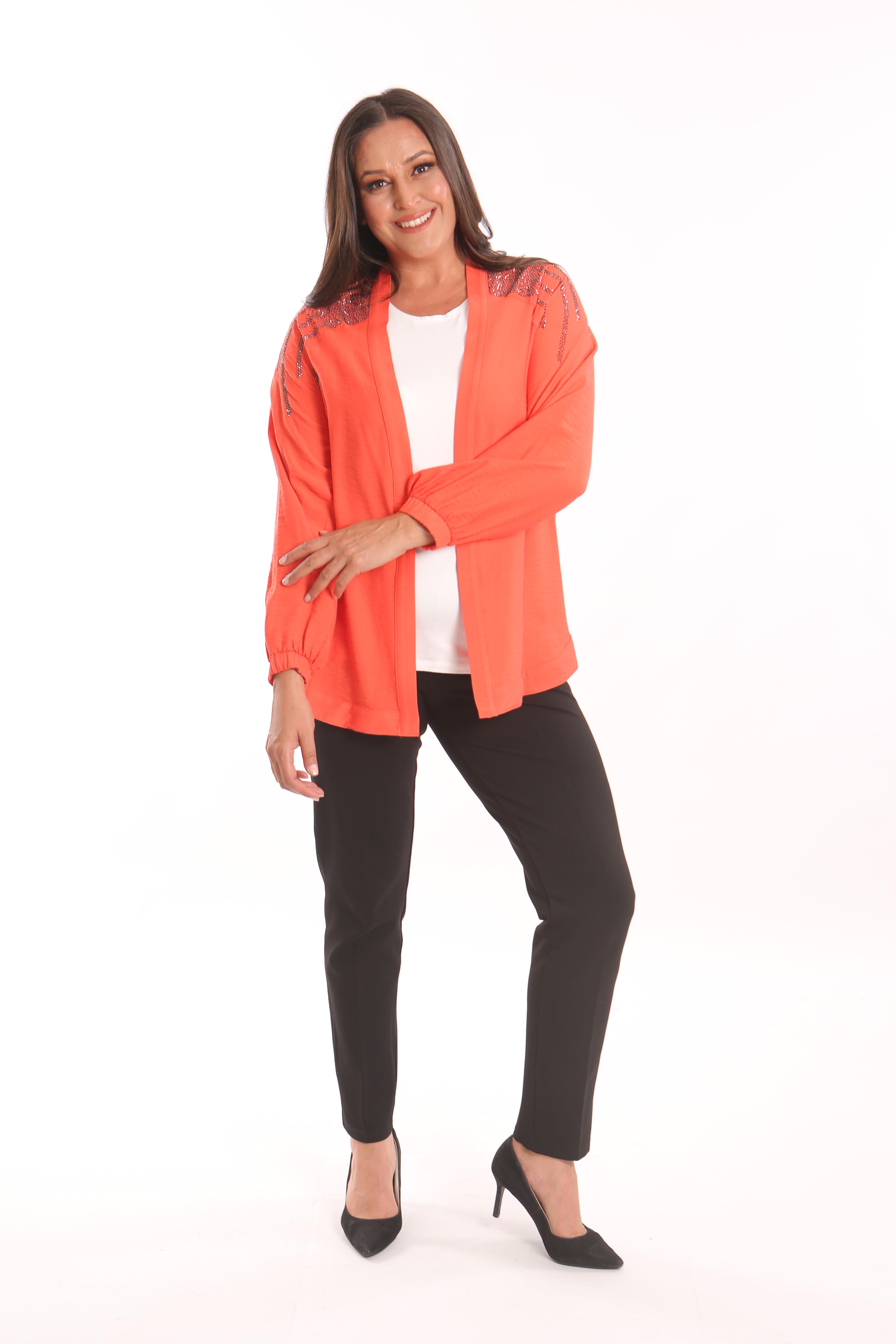 Trend42plus Büyük Beden Robası Taş Baskılı Oversize Oranj Ceket