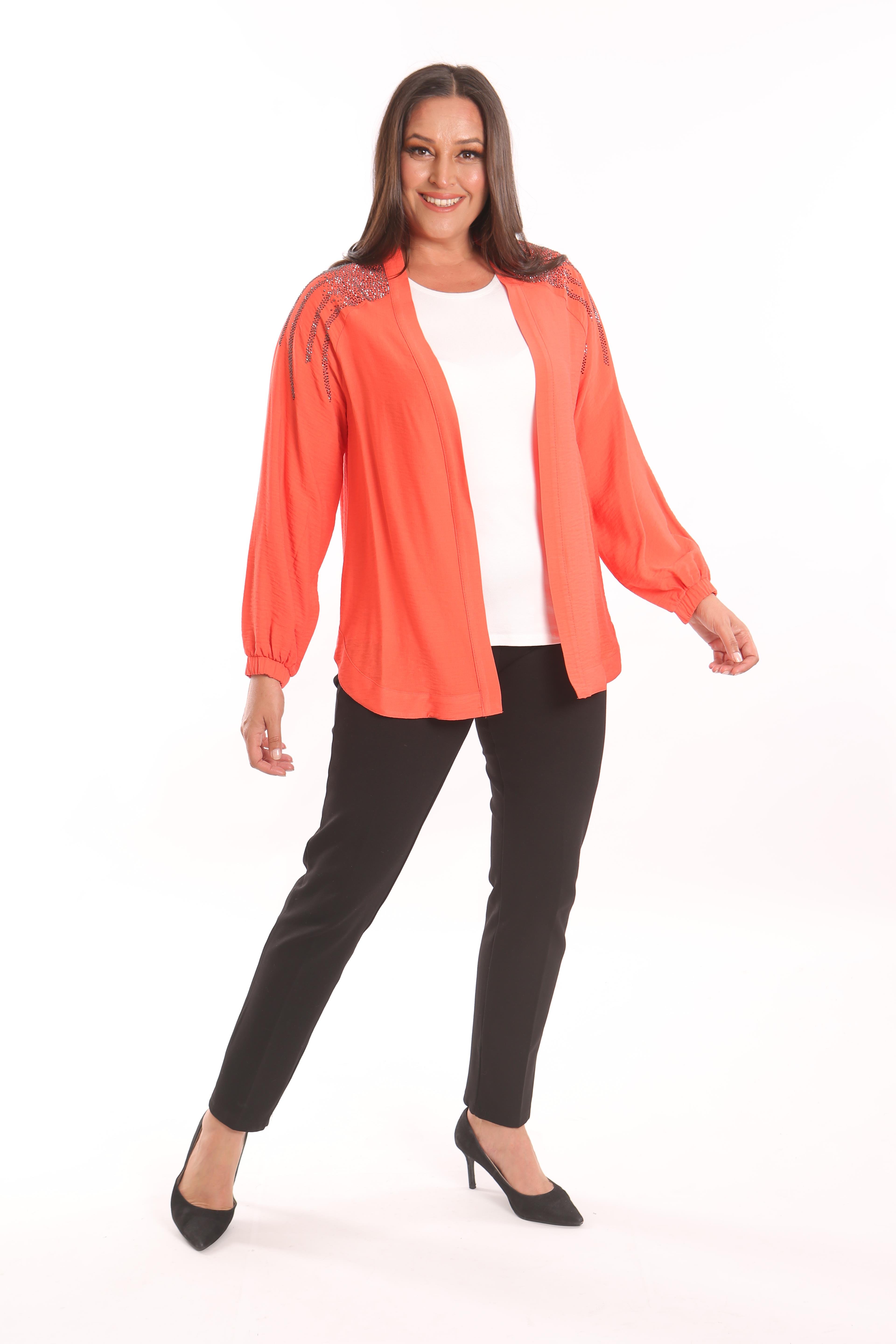 Trend42plus Büyük Beden Robası Taş Baskılı Oversize Oranj Ceket