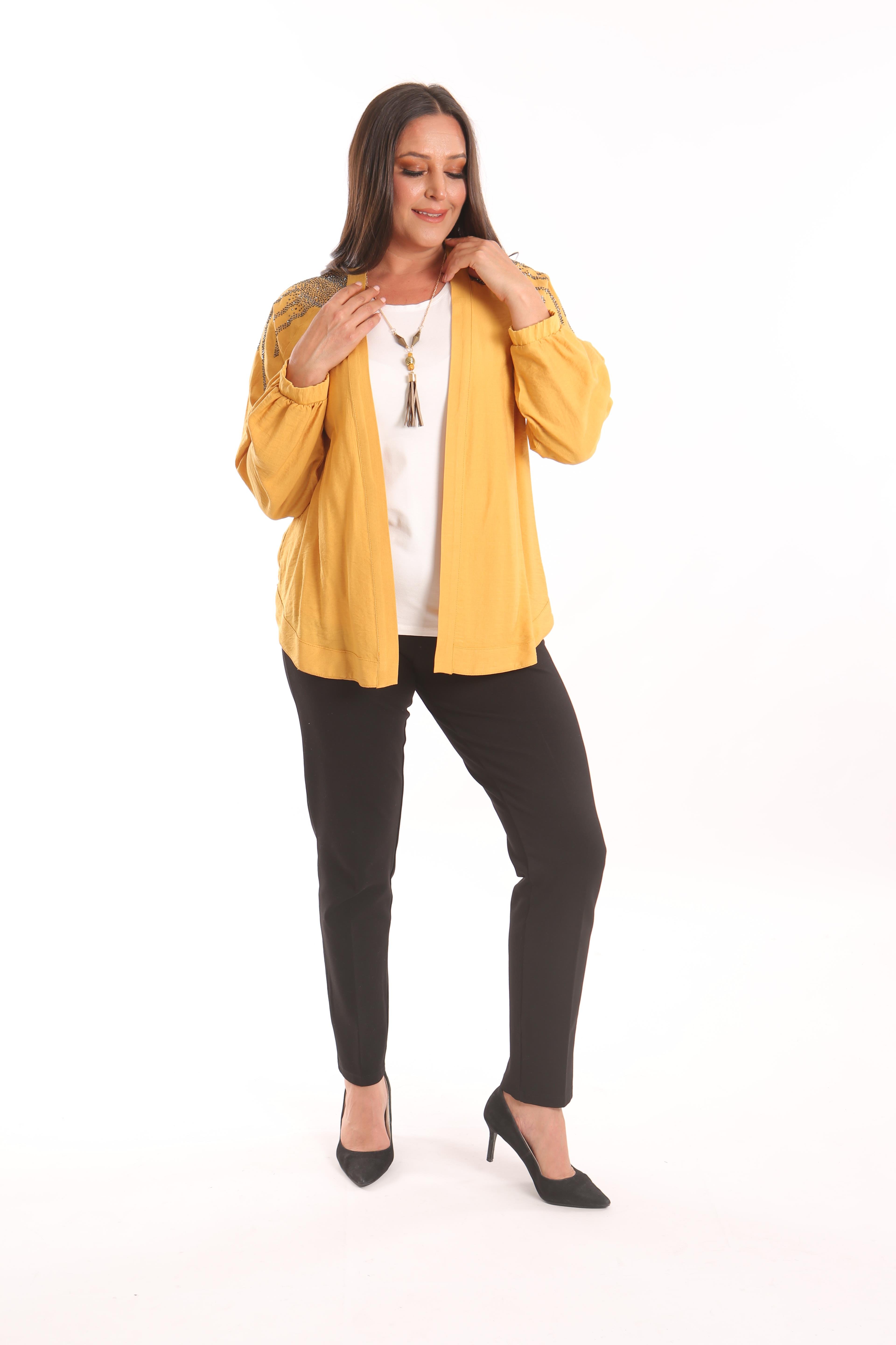 Trend42plus Büyük Beden Robası Taş Baskılı Oversize Hardal Ceket