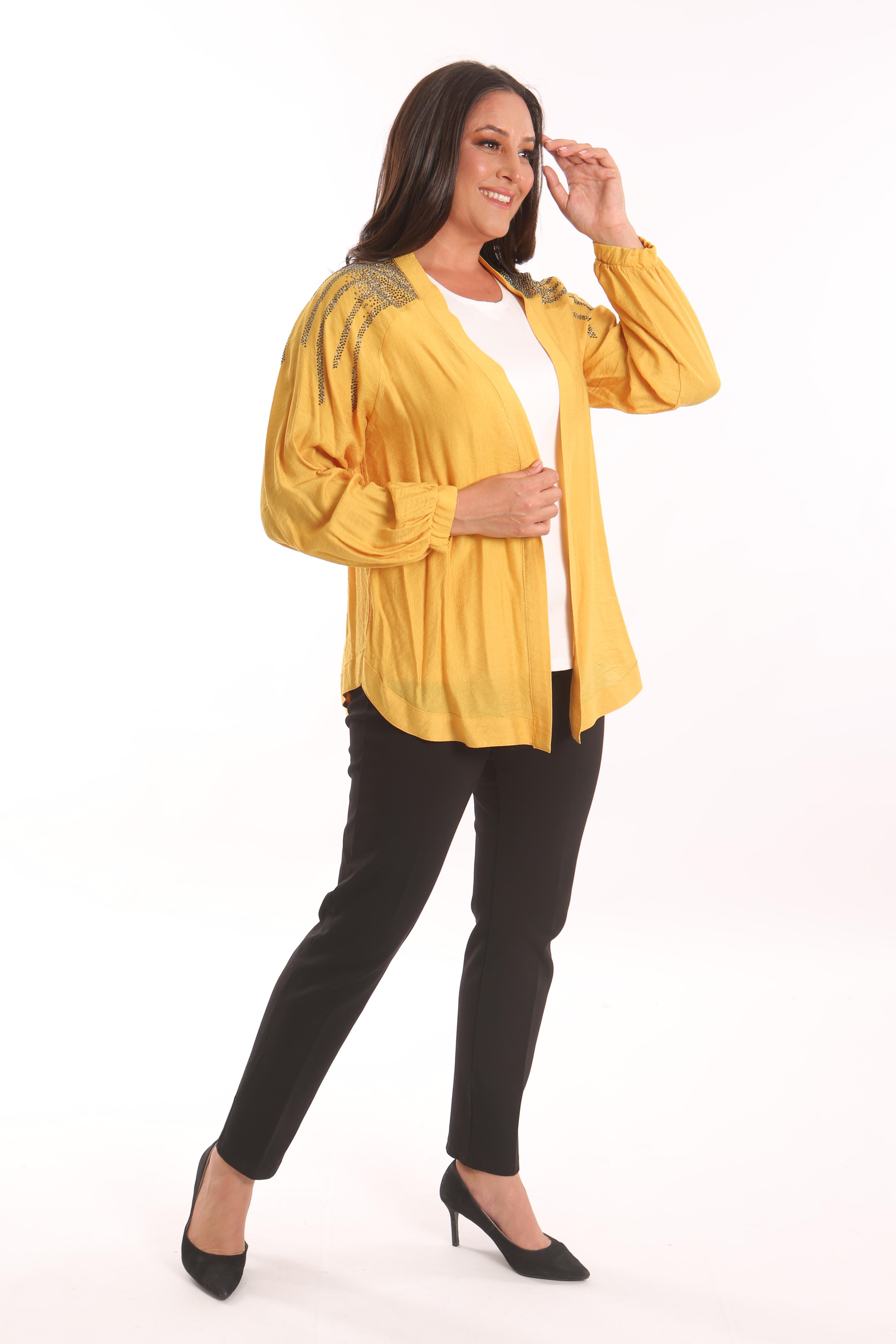 Trend42plus Büyük Beden Robası Taş Baskılı Oversize Sarı Ceket