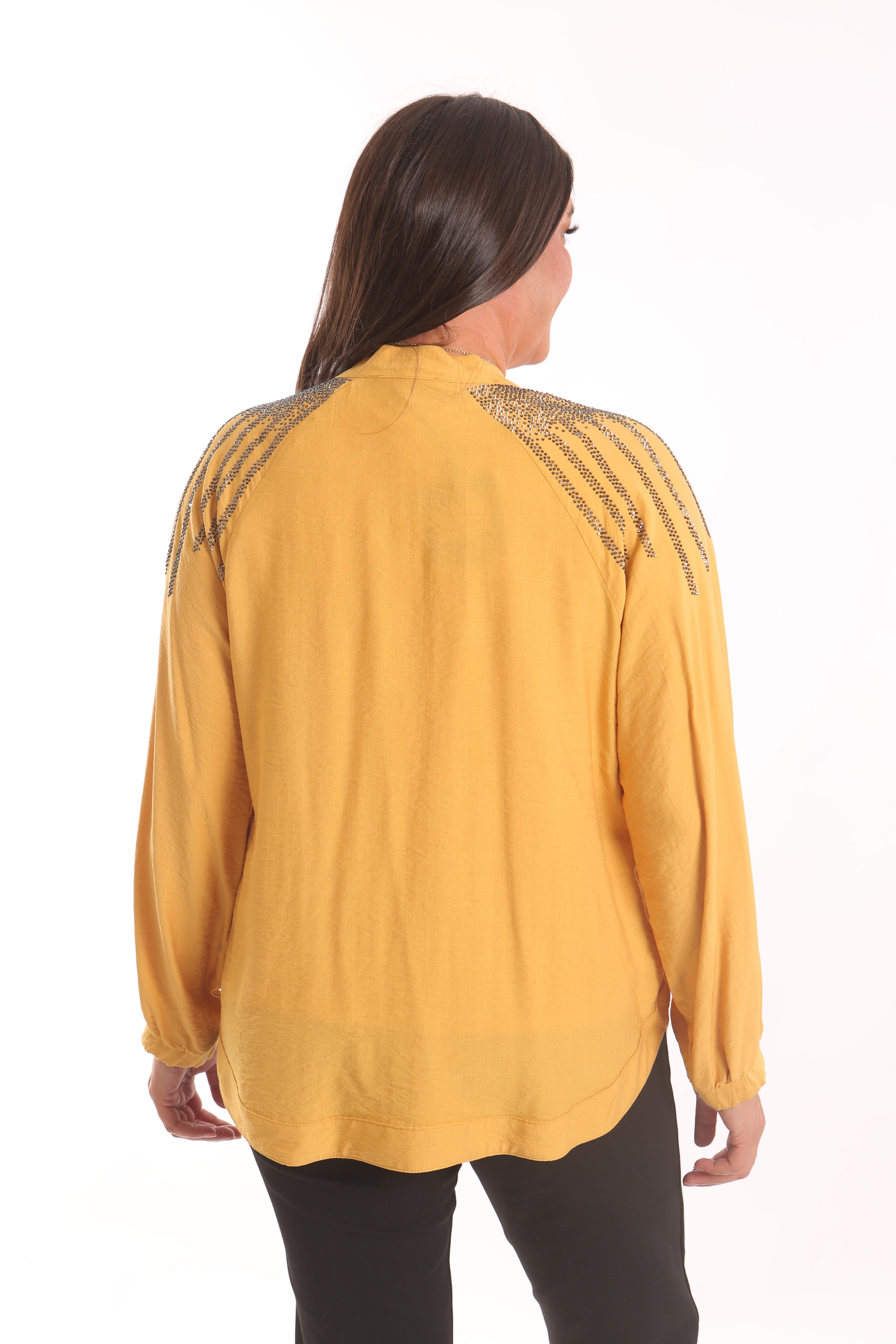 Trend42plus Büyük Beden Robası Taş Baskılı Oversize Hardal Ceket