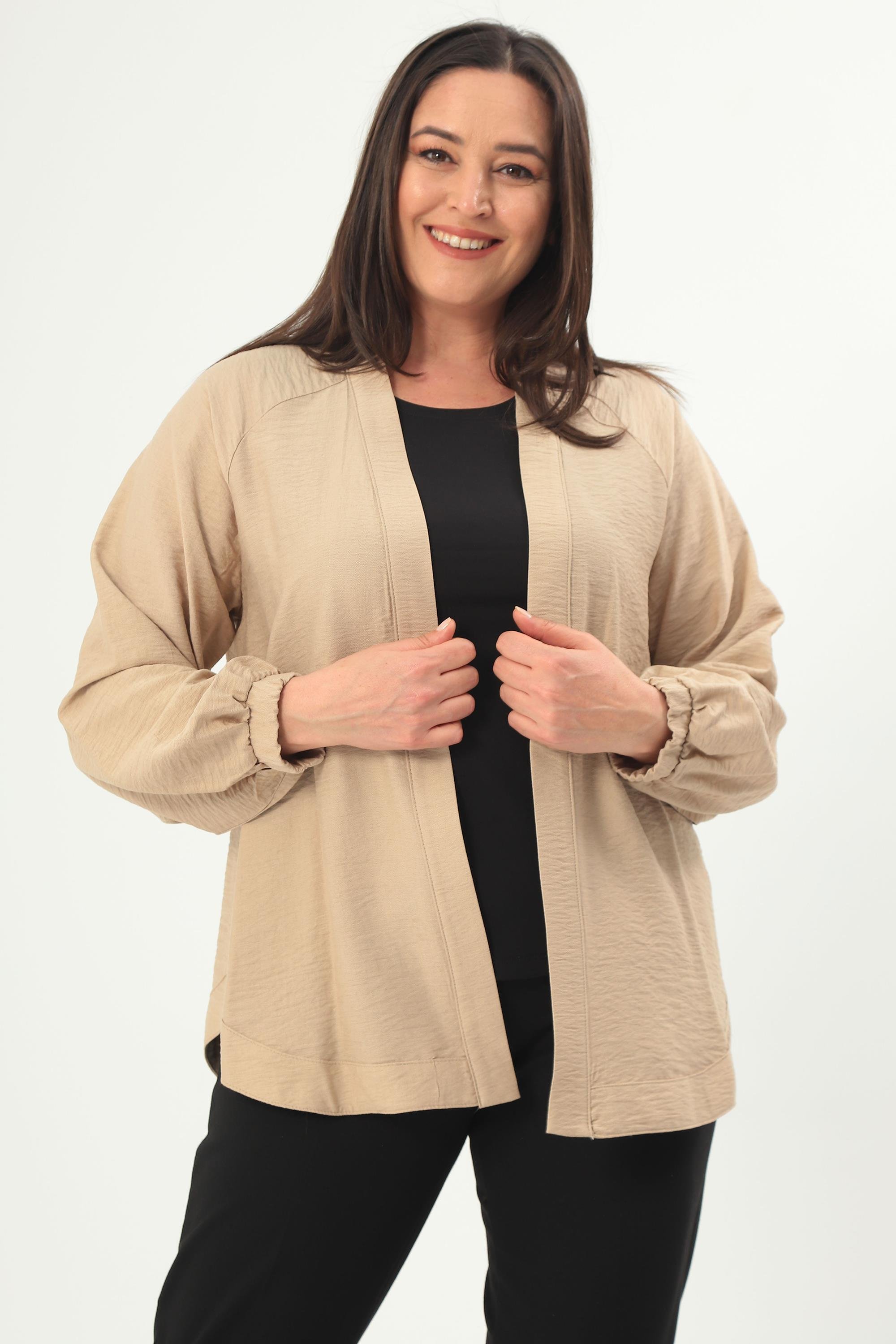 Trend42plus Büyük Beden Sırt Taş Baskılı Oversize Vizon Ceket