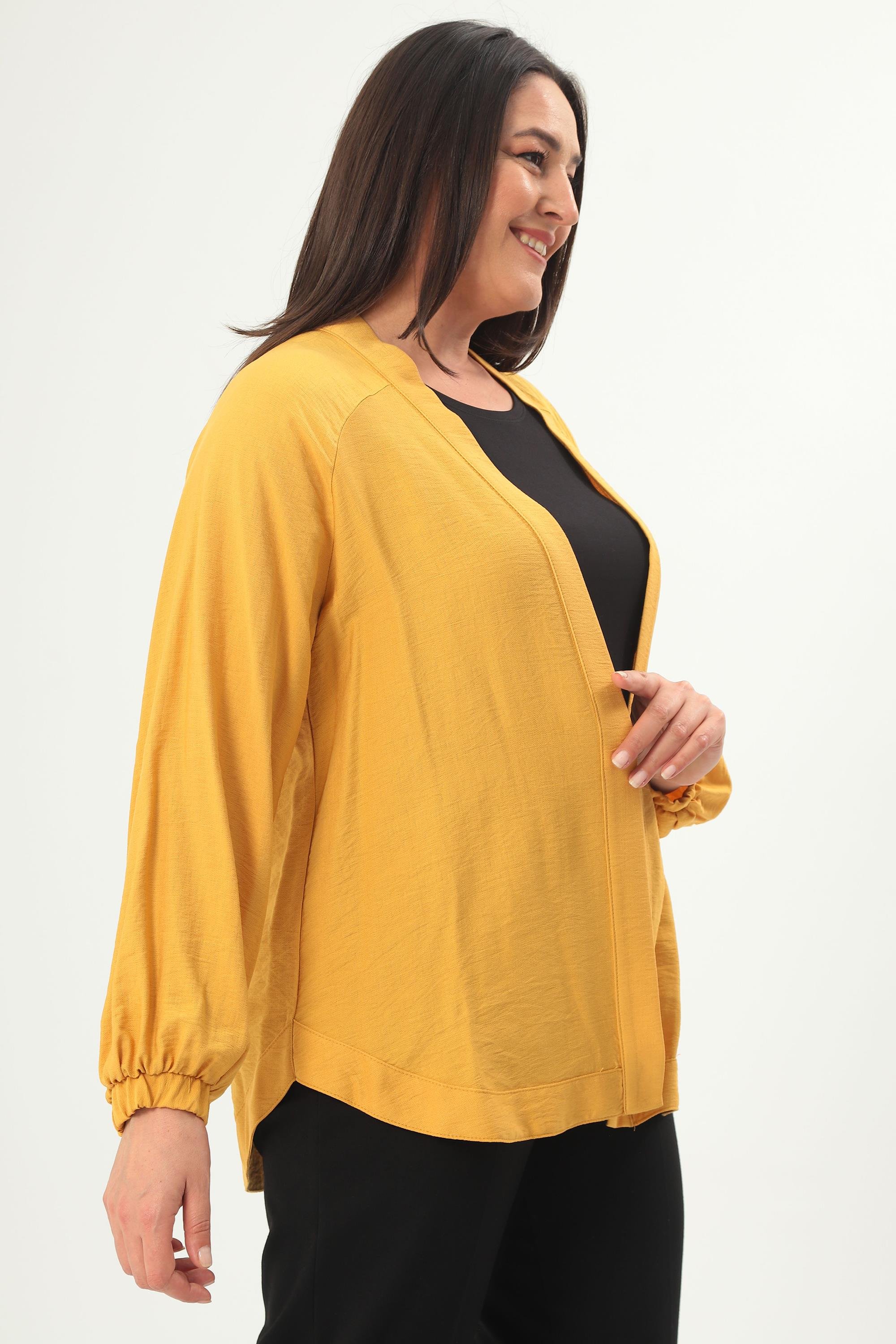 Trend42plus Büyük Beden Sırt Taş Baskılı Oversize Hardal Ceket