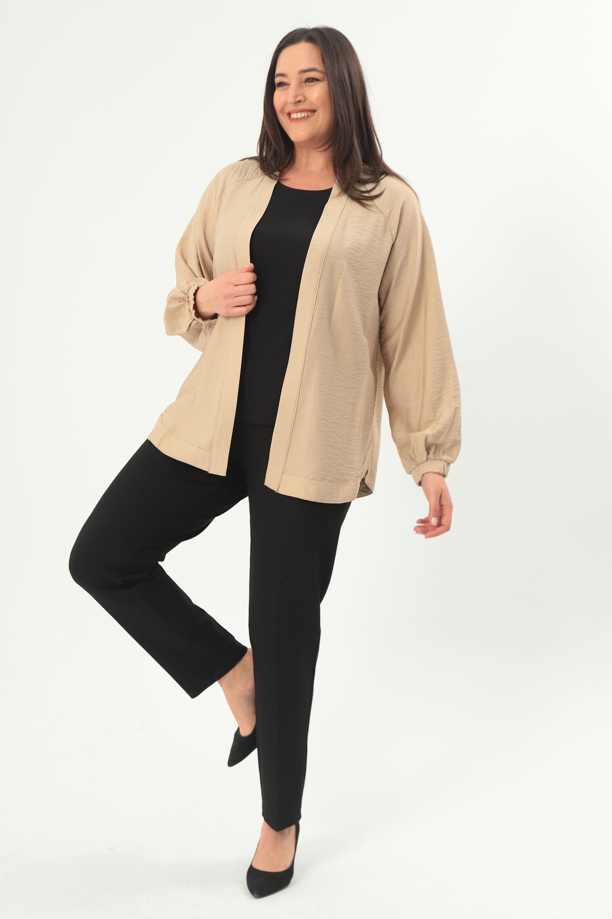 Trend42plus Büyük Beden Sırt Taş Baskılı Oversize Vizon Ceket