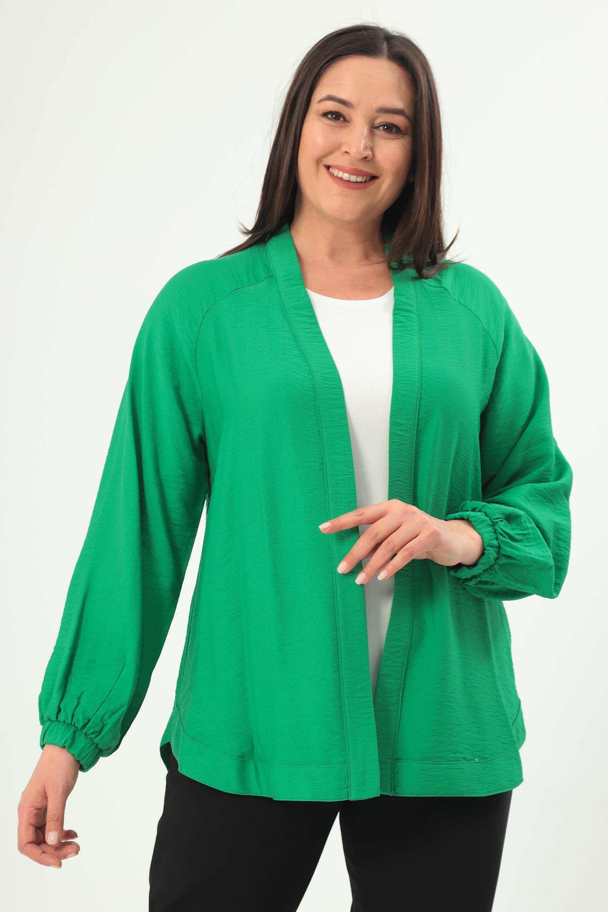 Trend42plus Büyük Beden Sırt Taş Baskılı Oversize Yeşil Ceket