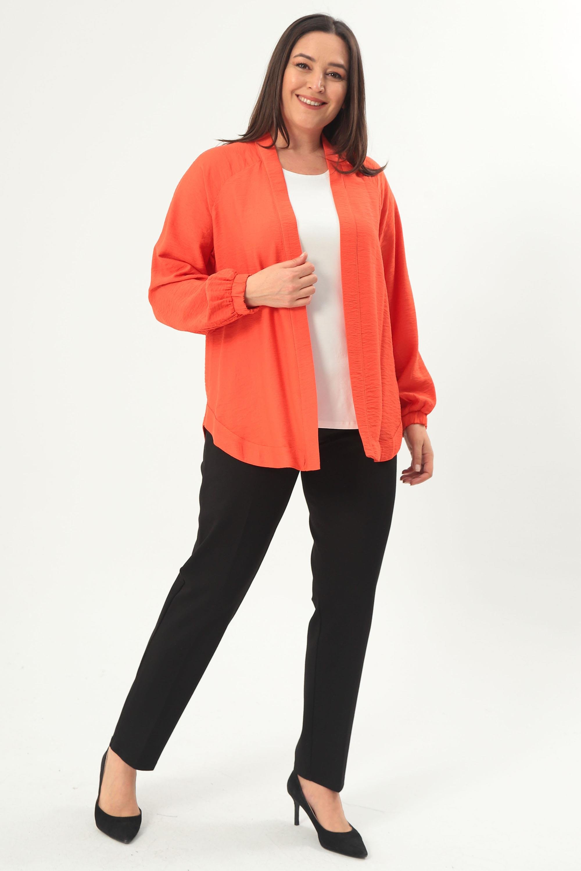 Trend42plus Büyük Beden Sırt Taş Baskılı Oversize Oranj Ceket