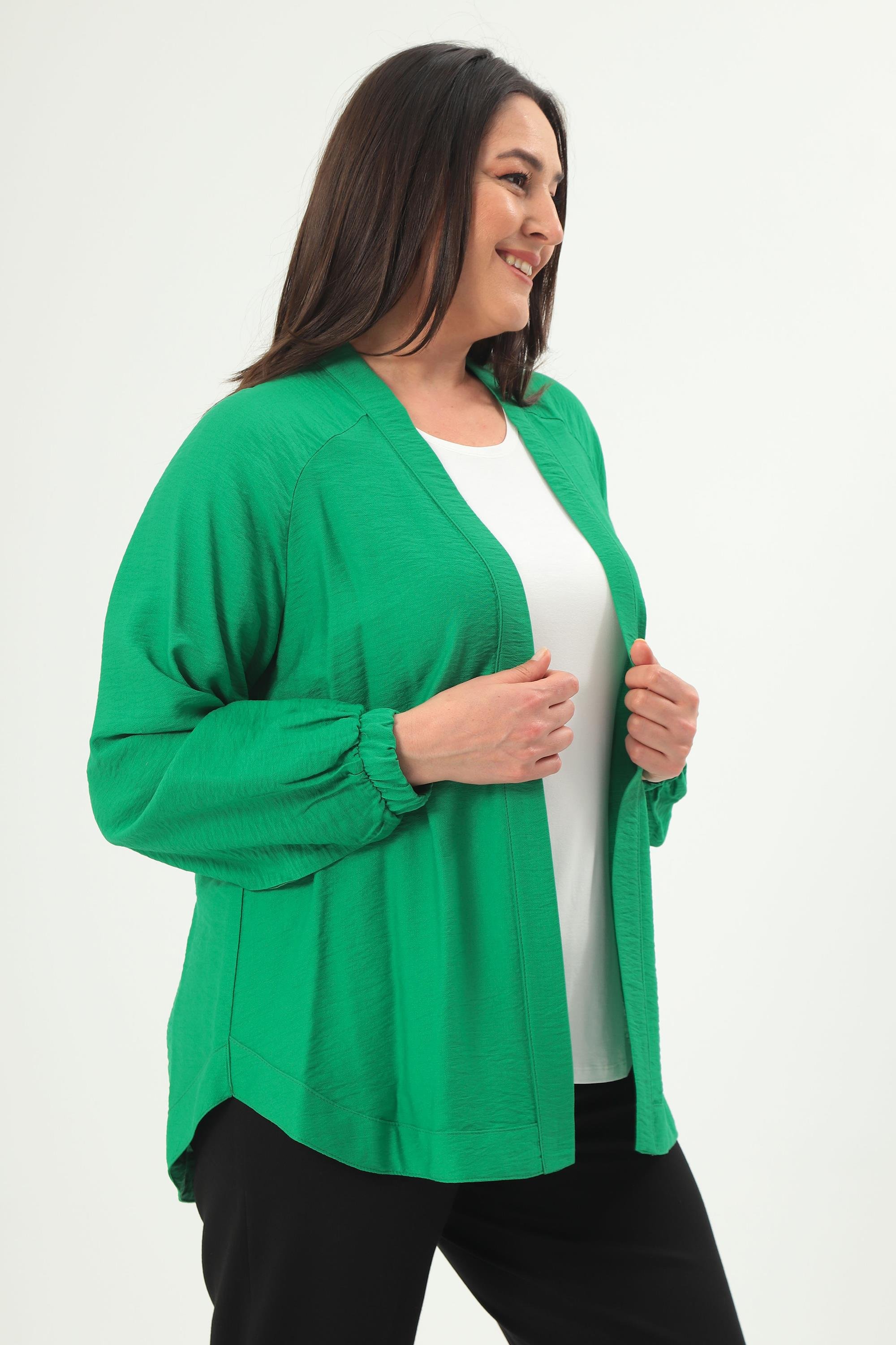 Trend42plus Büyük Beden Sırt Taş Baskılı Oversize Yeşil Ceket