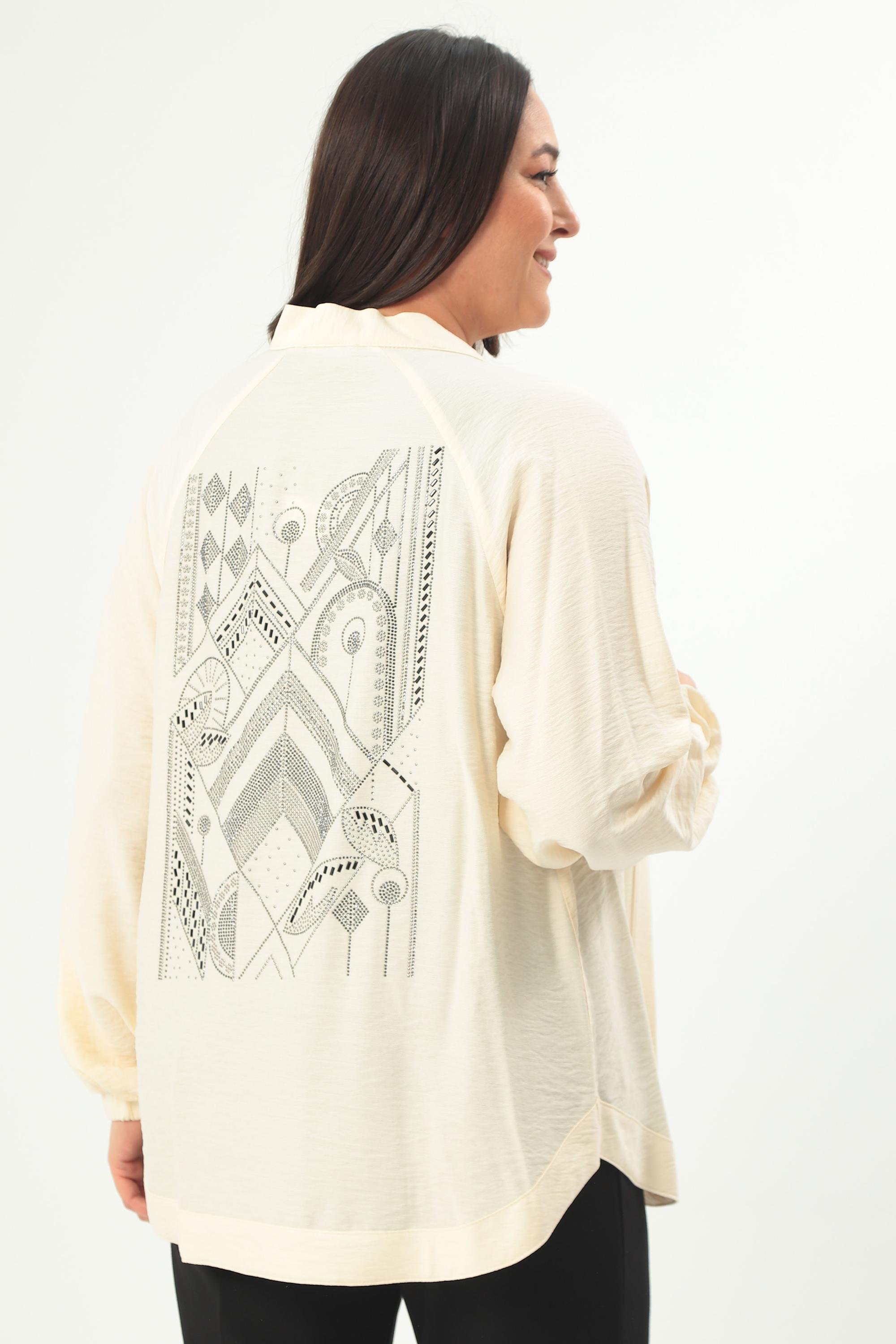 Trend42plus Büyük Beden Sırt Taş Baskılı Oversize Ekru Ceket
