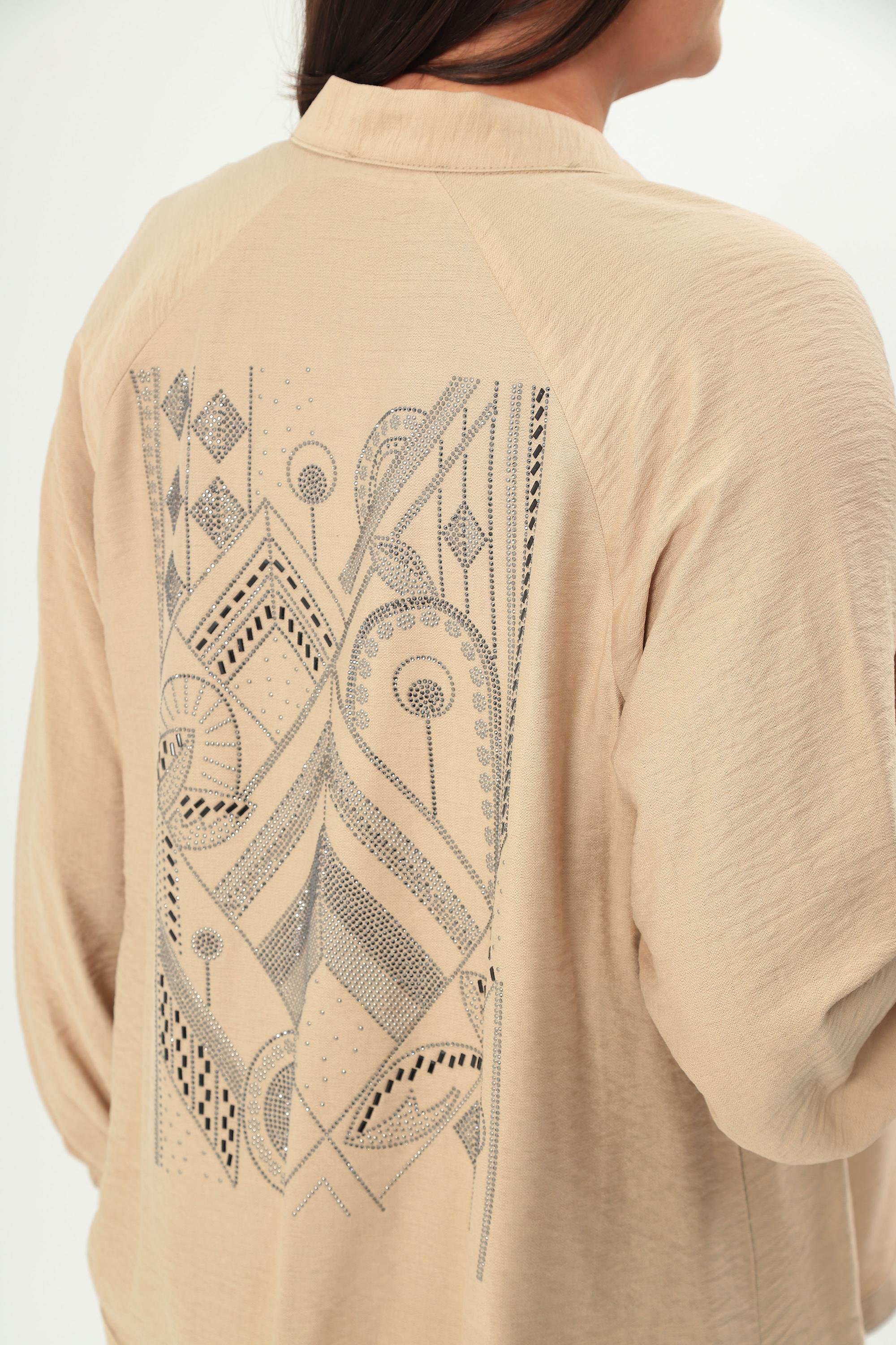 Trend42plus Büyük Beden Sırt Taş Baskılı Oversize Vizon Ceket