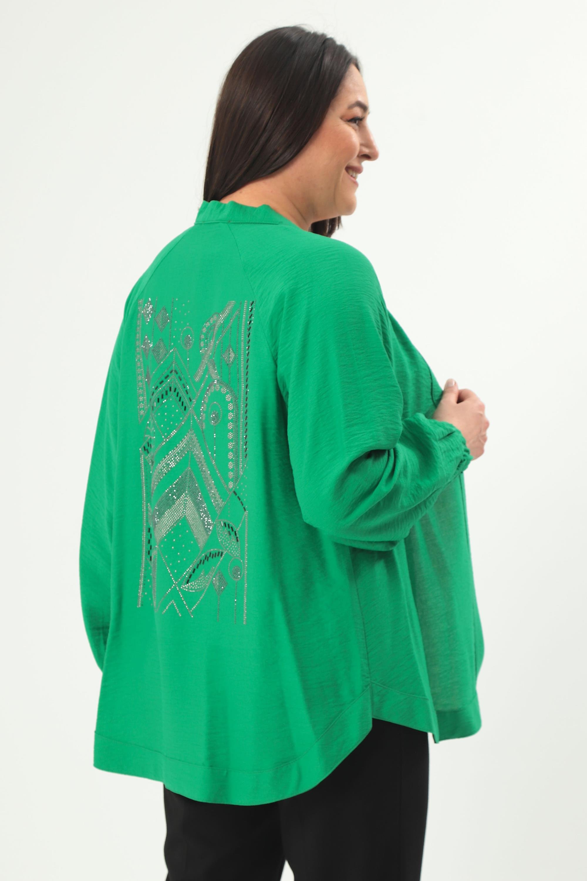 Trend42plus Büyük Beden Sırt Taş Baskılı Oversize Yeşil Ceket