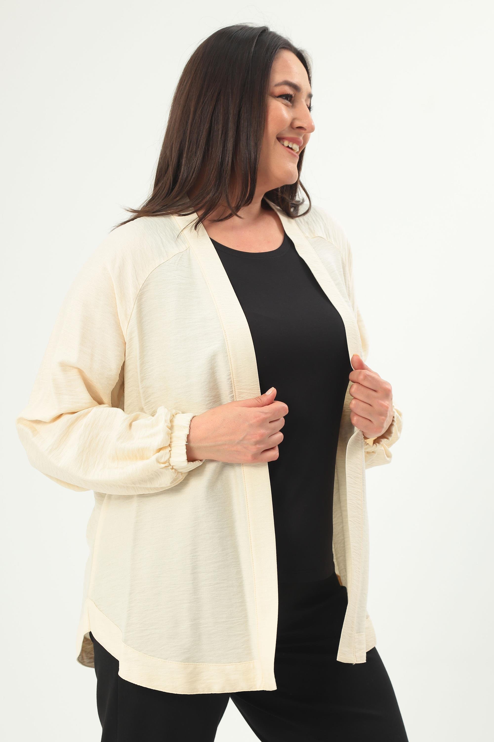 Trend42plus Büyük Beden Sırt Taş Baskılı Oversize Ekru Ceket