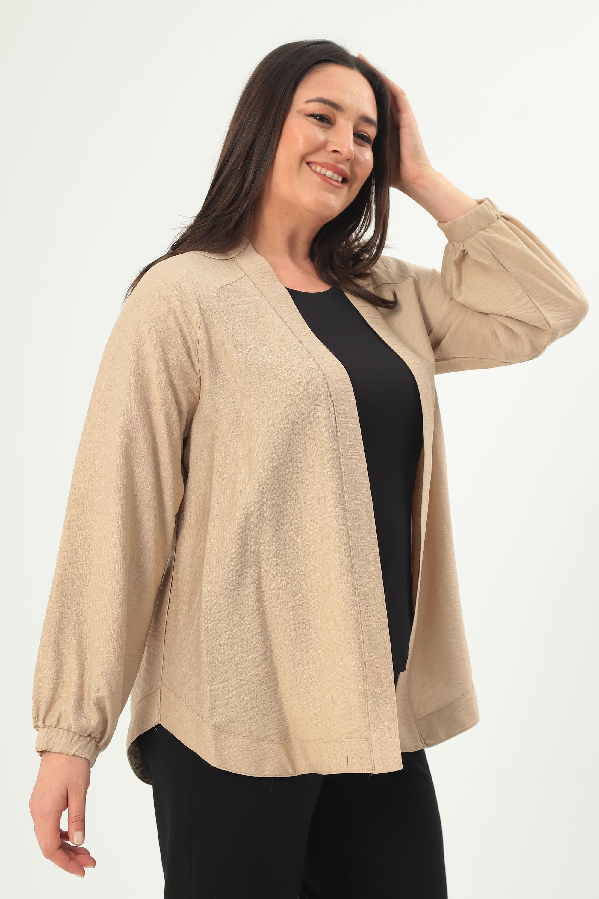 Trend42plus Büyük Beden Sırt Taş Baskılı Oversize Vizon Ceket