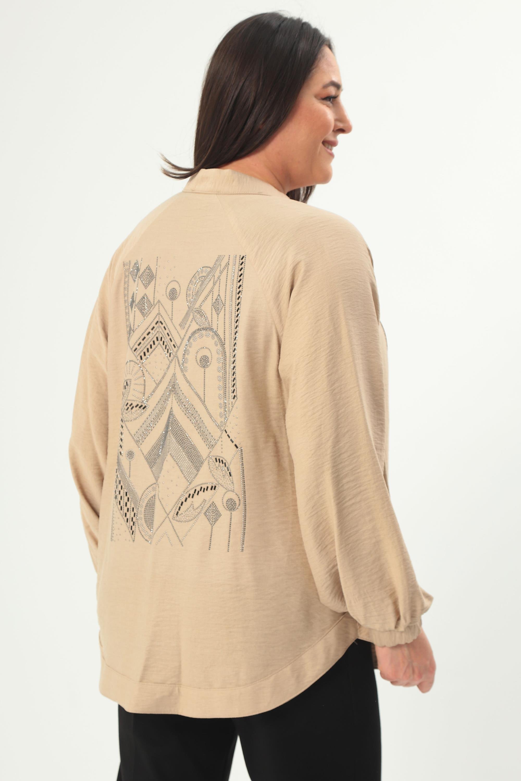 Trend42plus Büyük Beden Sırt Taş Baskılı Oversize Vizon Ceket