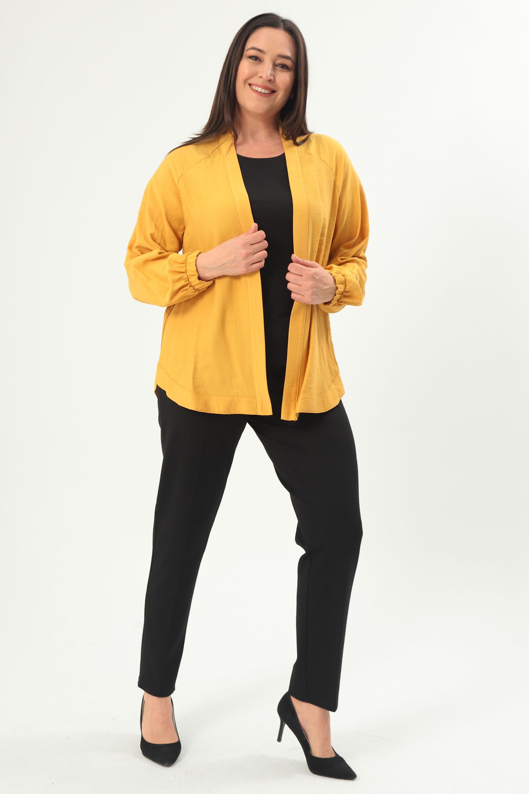 Trend42plus Büyük Beden Sırt Taş Baskılı Oversize Hardal Ceket