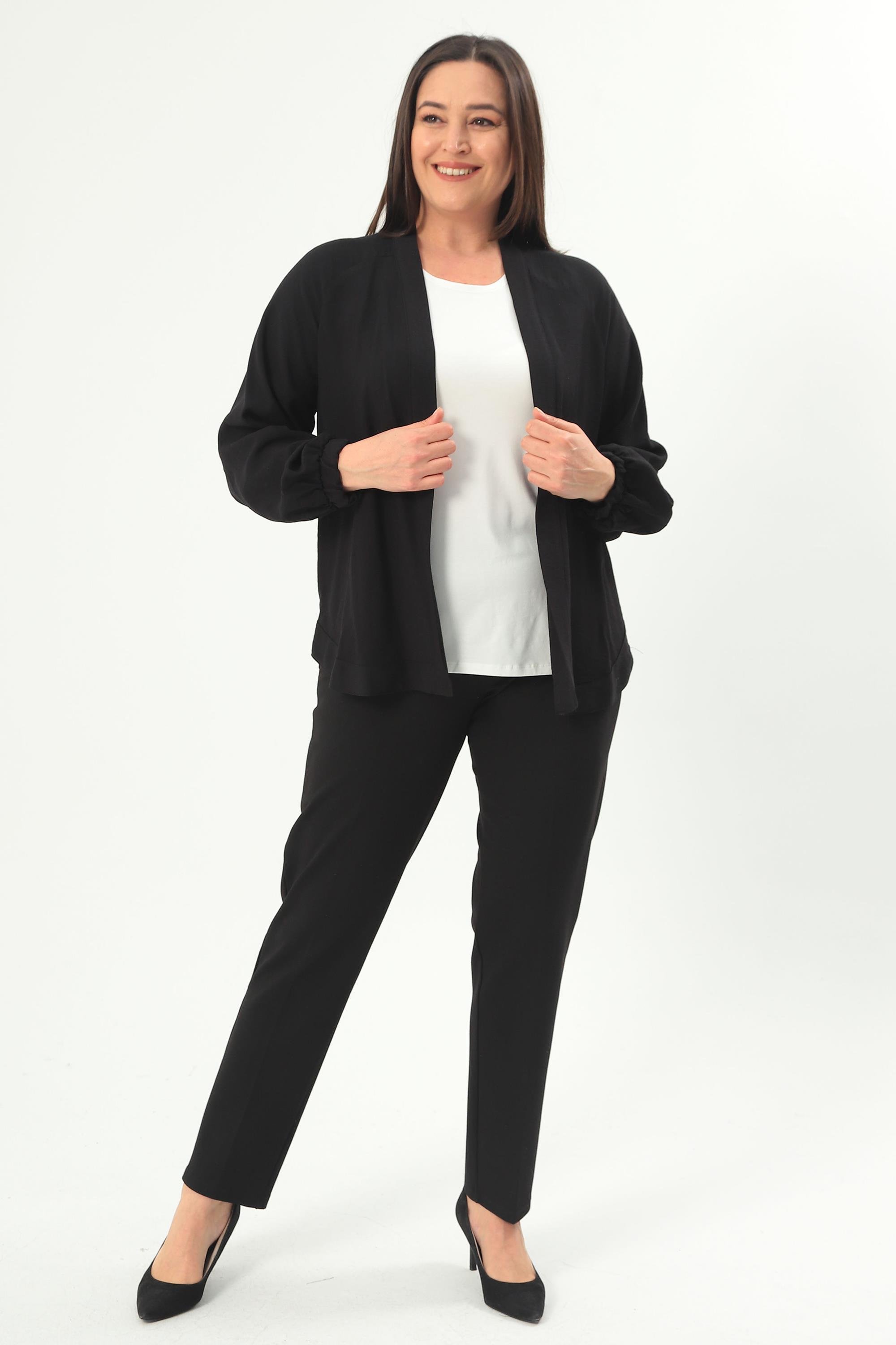 Trend42plus Büyük Beden Sırt Taş Baskılı Oversize Siyah Ceket