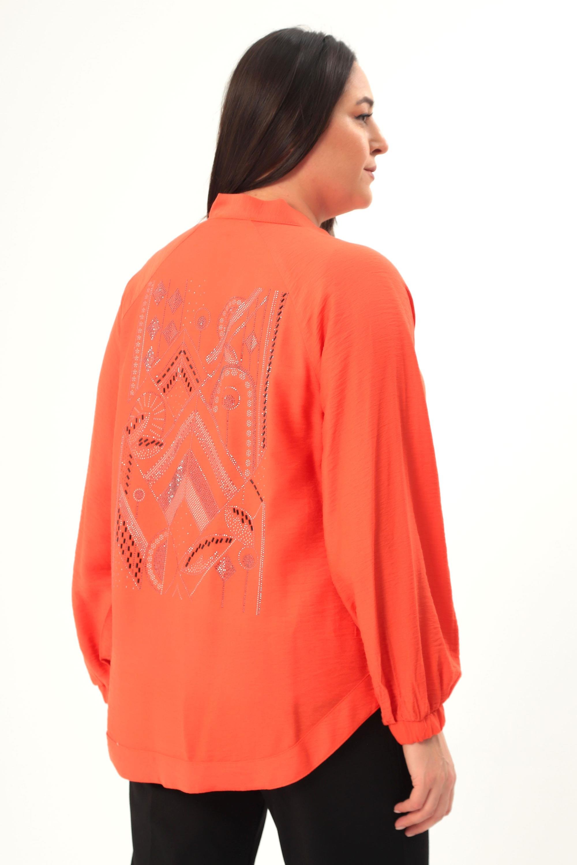 Trend42plus Büyük Beden Sırt Taş Baskılı Oversize Oranj Ceket