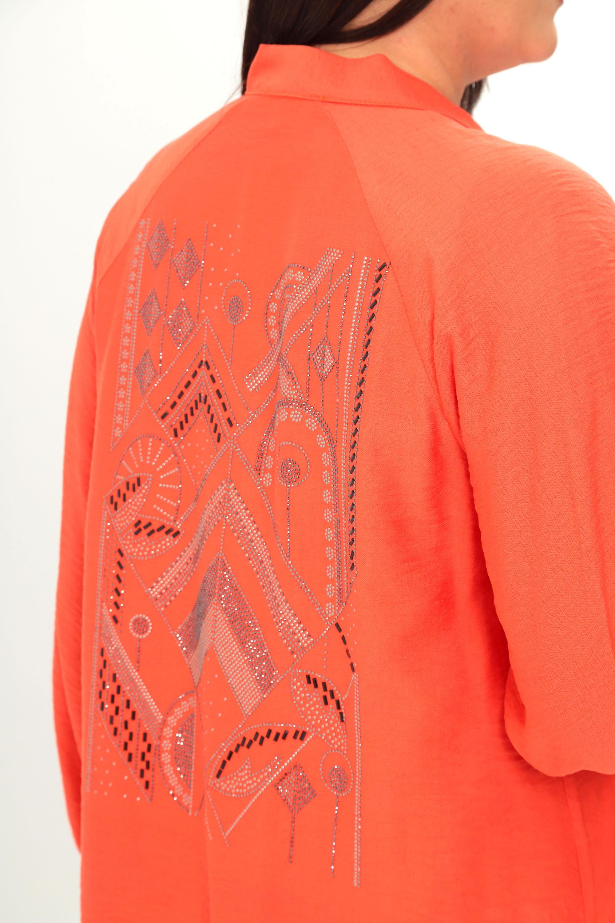 Trend42plus Büyük Beden Sırt Taş Baskılı Oversize Oranj Ceket