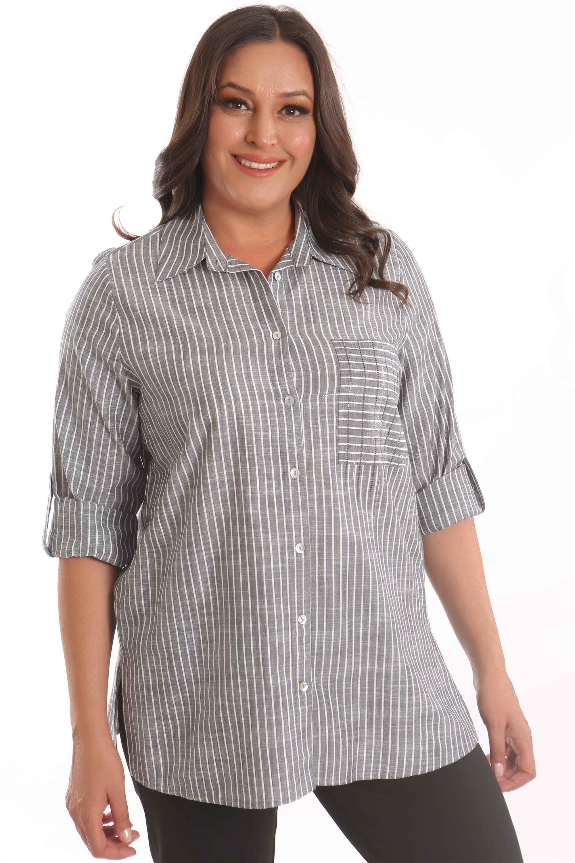 Trend42plus Büyük Beden Siyah Cebi Taş Baskılı Çizgili Gömlek