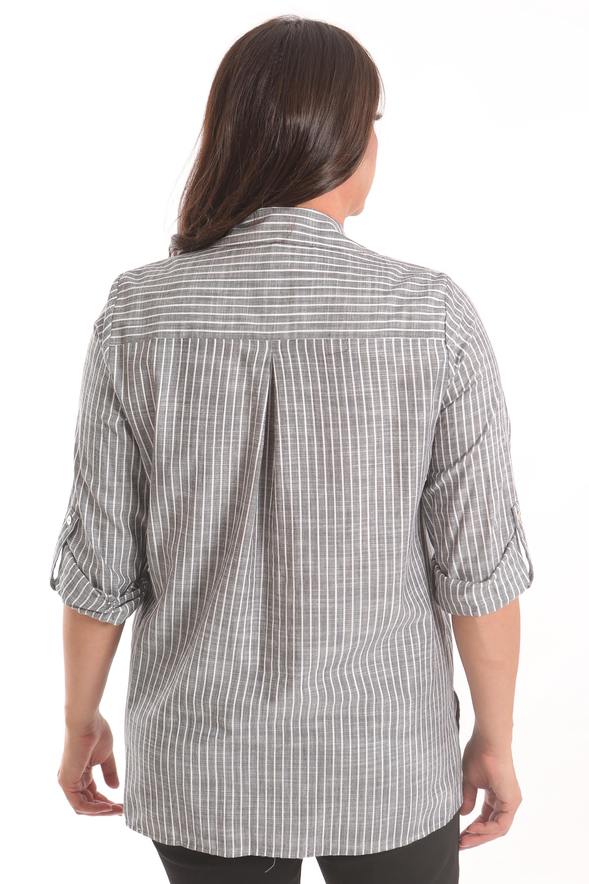 Trend42plus Büyük Beden Siyah Cebi Taş Baskılı Çizgili Gömlek