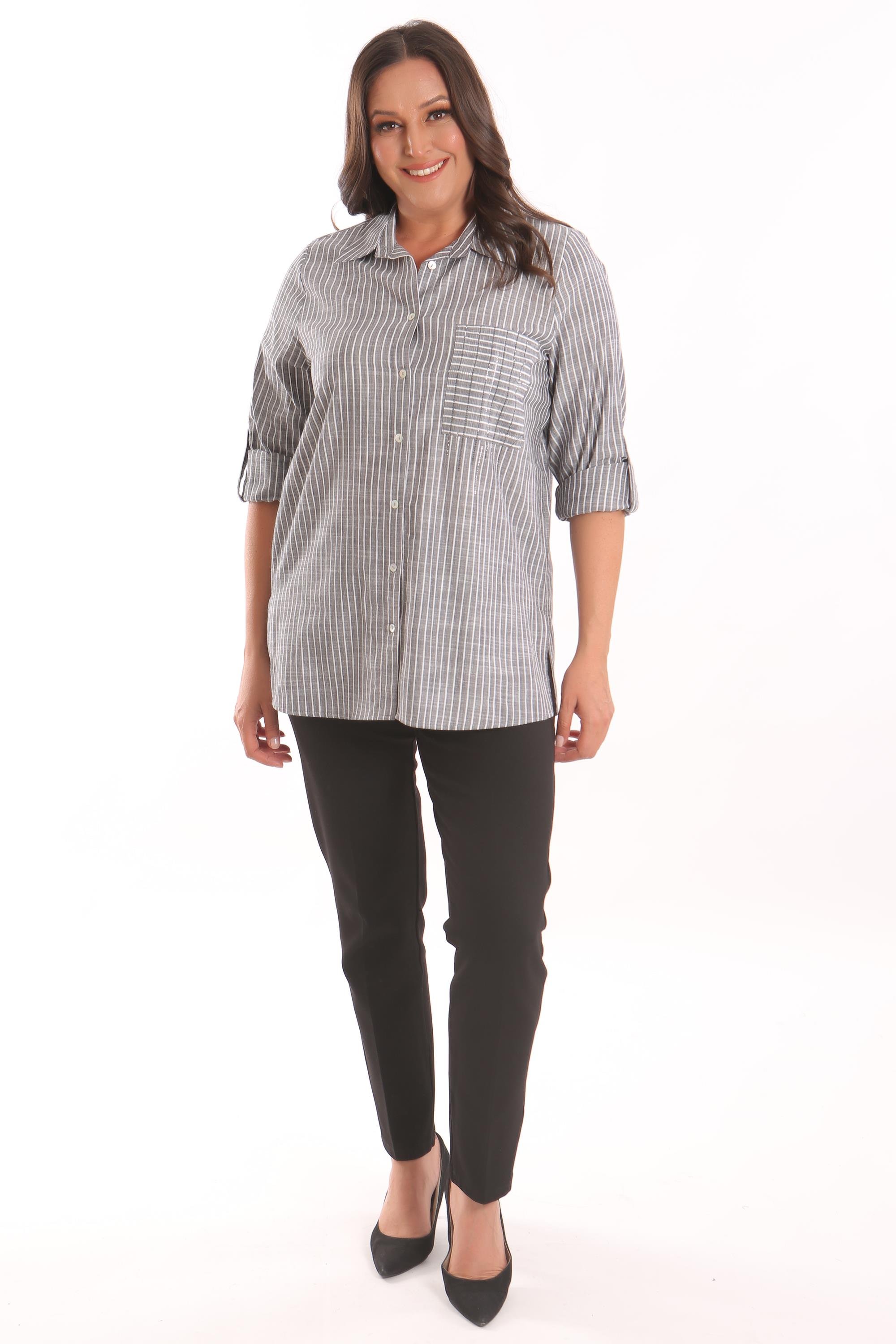 Trend42plus Büyük Beden Siyah Cebi Taş Baskılı Çizgili Gömlek