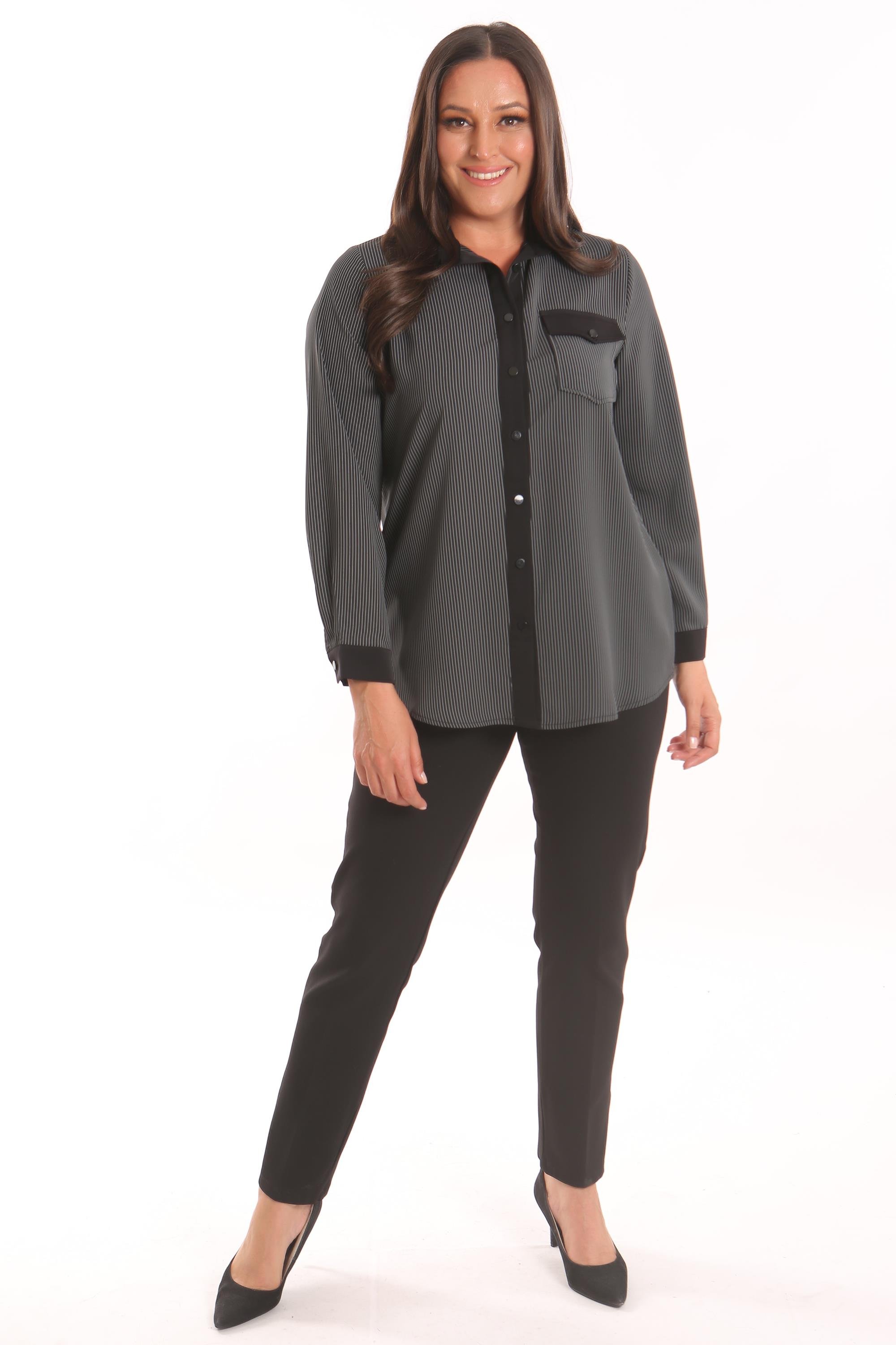 Trend42plus Büyük Beden Siyah Çizgili Cepli Gömlek