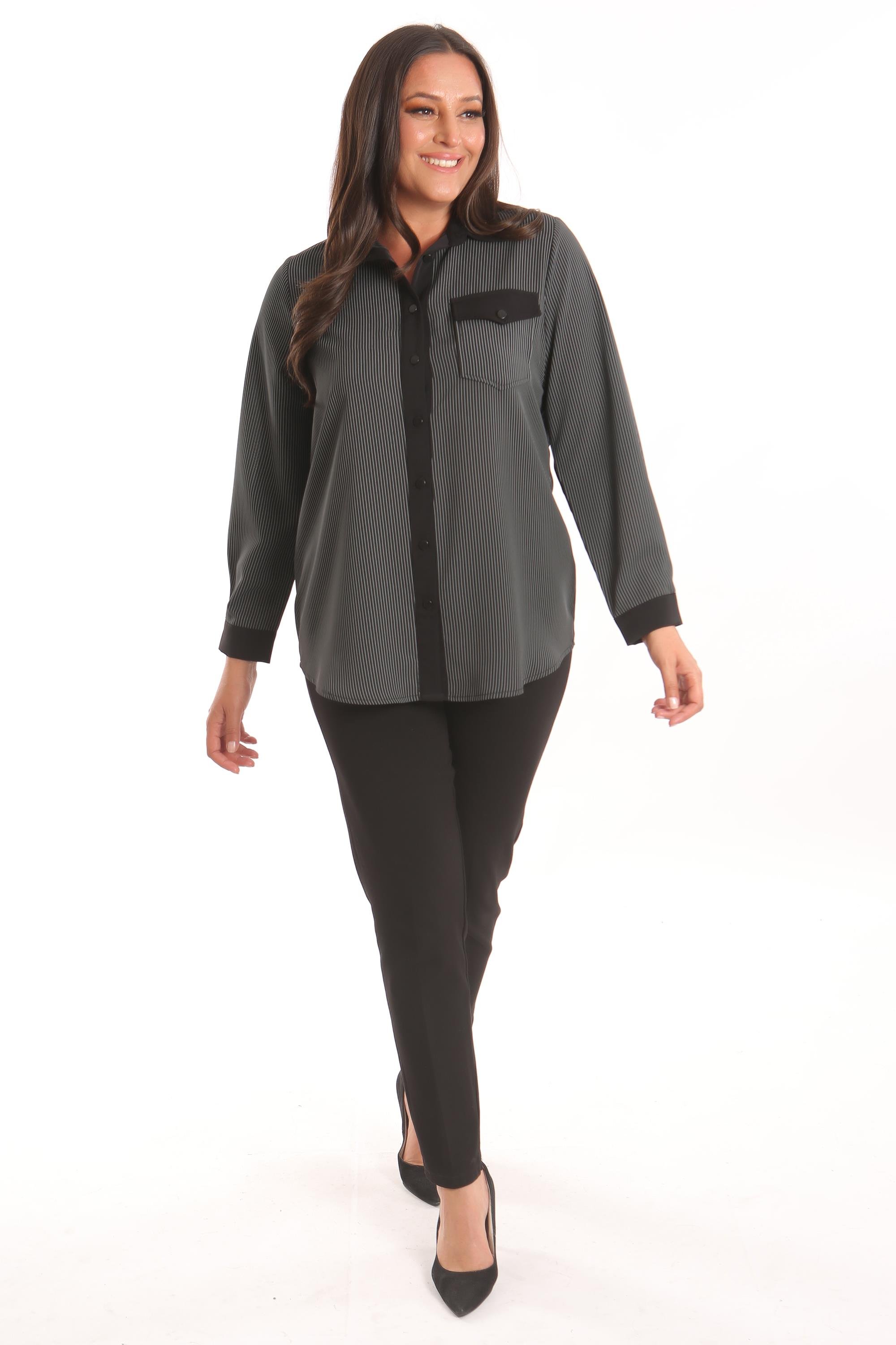 Trend42plus Büyük Beden Siyah Çizgili Cepli Gömlek