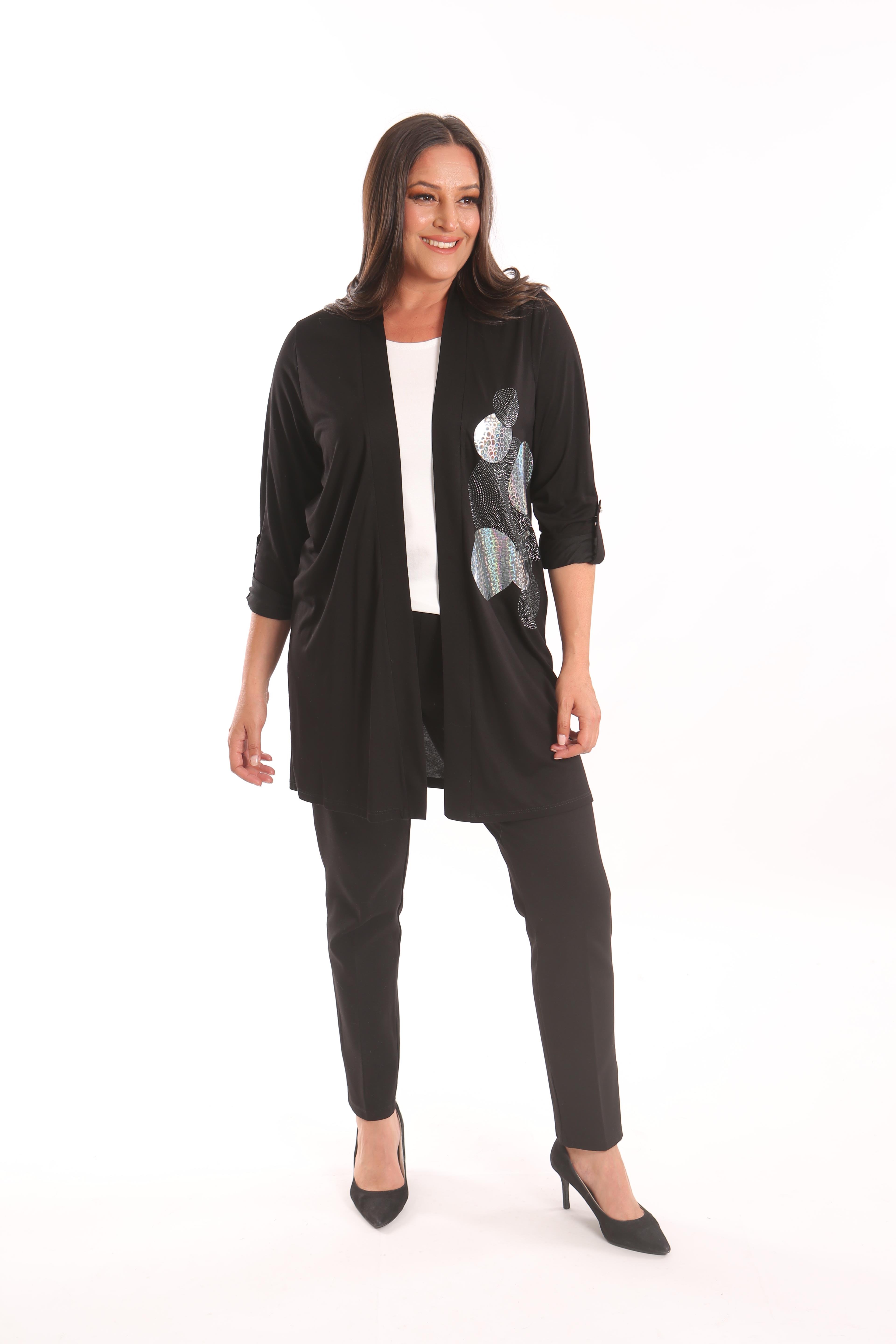 Trend42plus Büyük Beden Siyah Daire Desen Taş Baskılı Uzun Hırka