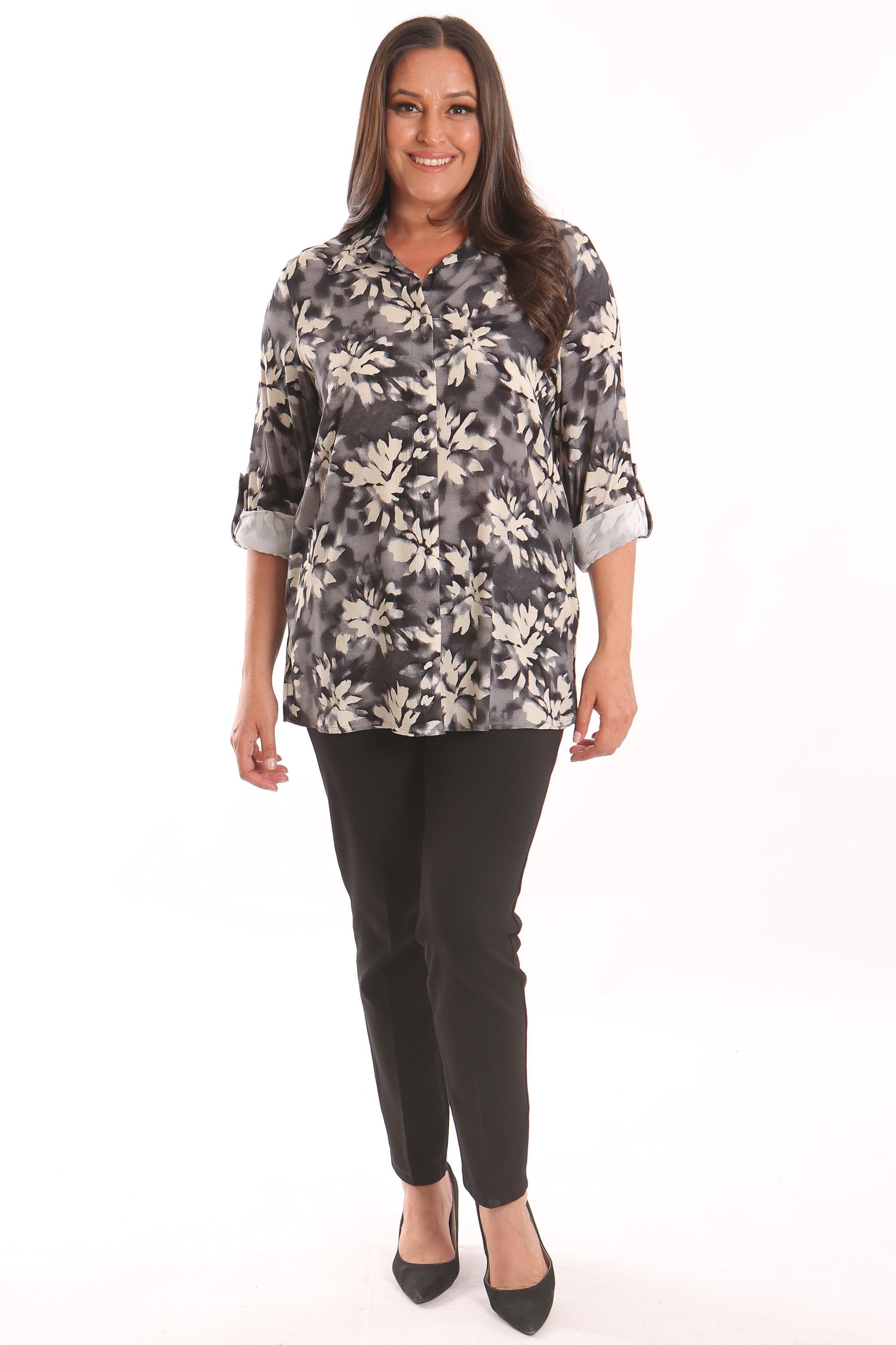 Trend42plus Büyük Beden Siyah Desenli Viskon Gömlek