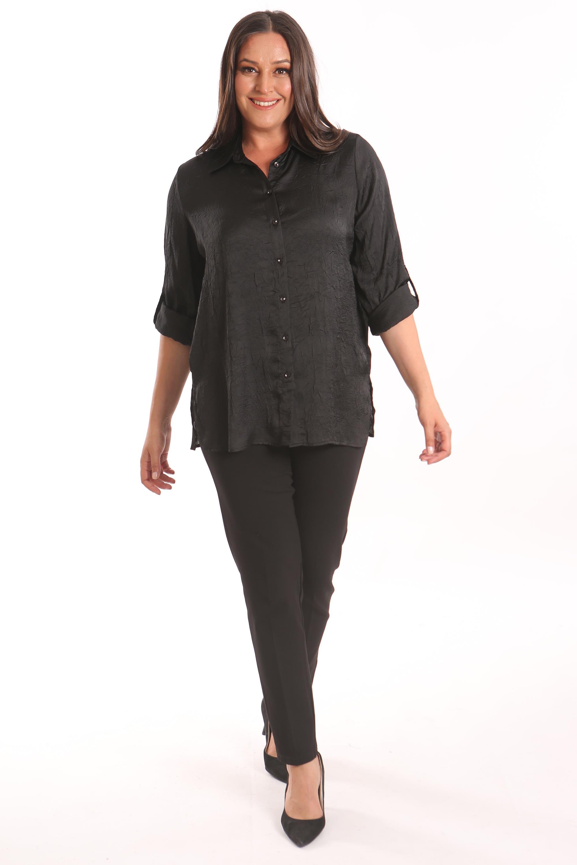 Trend42plus Büyük Beden Siyah Kraşlı Saten Gömlek 