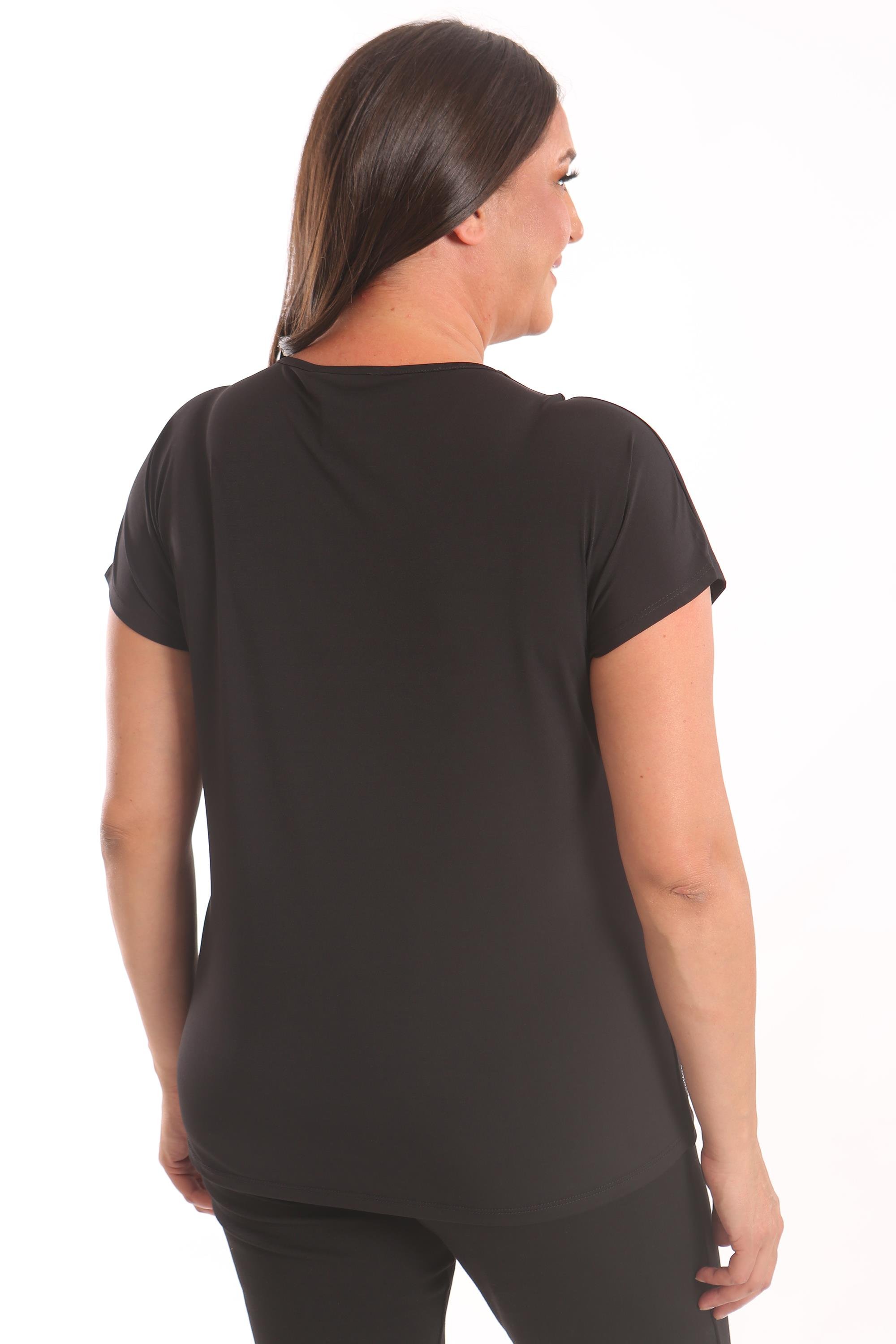 Trend42plus Büyük Beden Siyah Taş Baskılı Düşük Kol Bluz