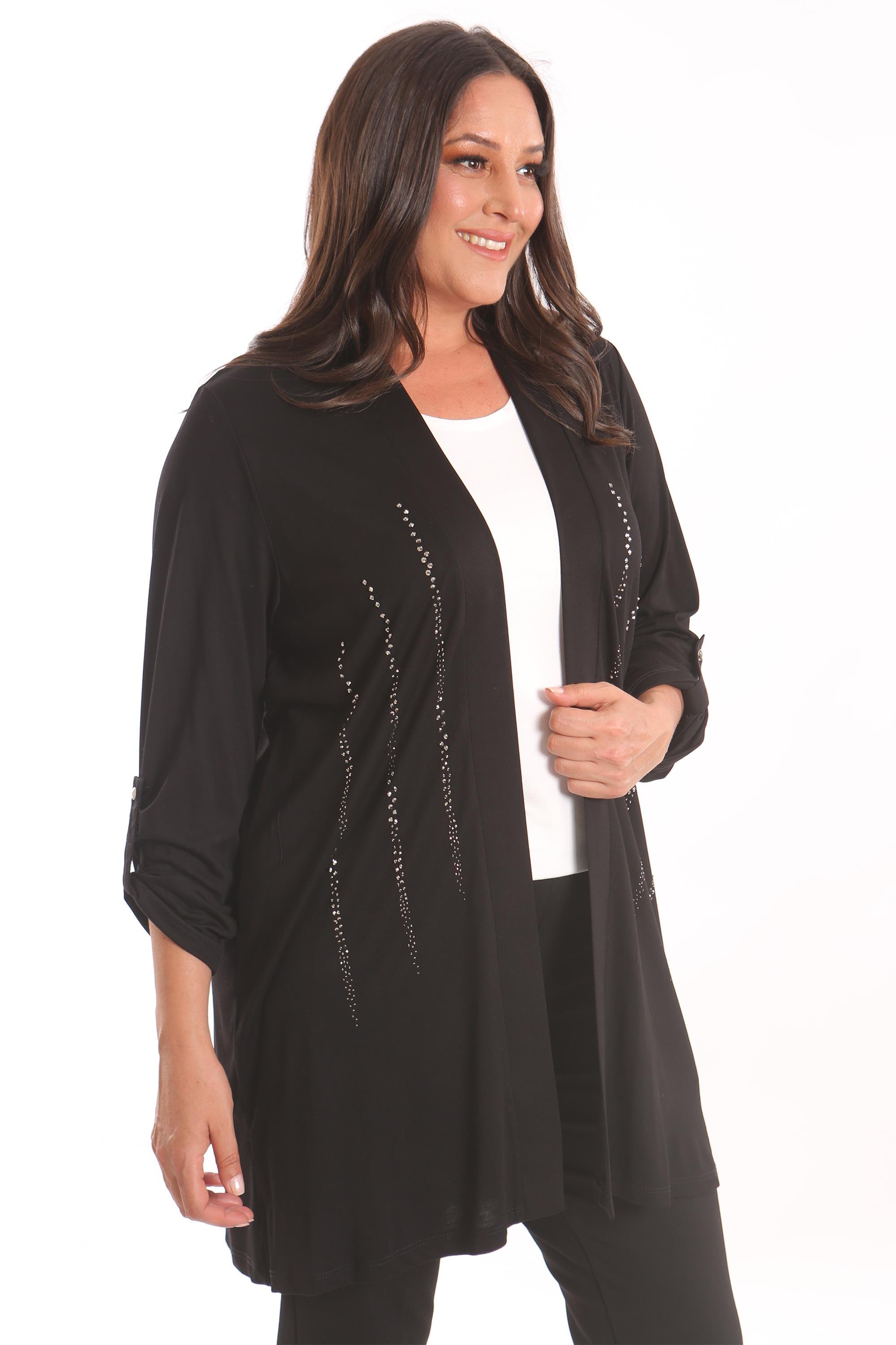 Trend42plus Büyük Beden Siyah Taş Baskılı Uzun Hırka